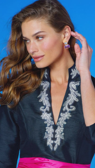 Video of the Tuxedo Long Tunic Dress in Black and Crystal Embellishment