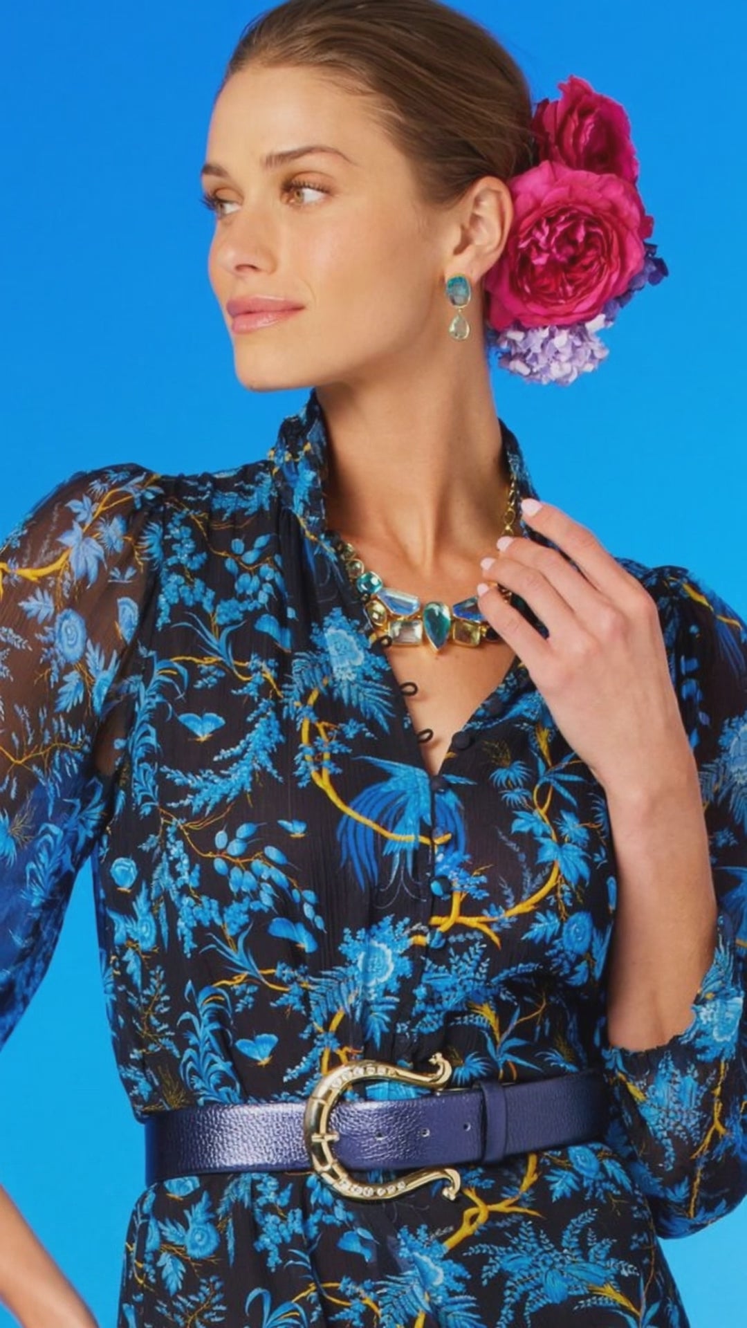 Video of the Blythe Maxi Crinkle Chiffon Dress in Midnight Garden