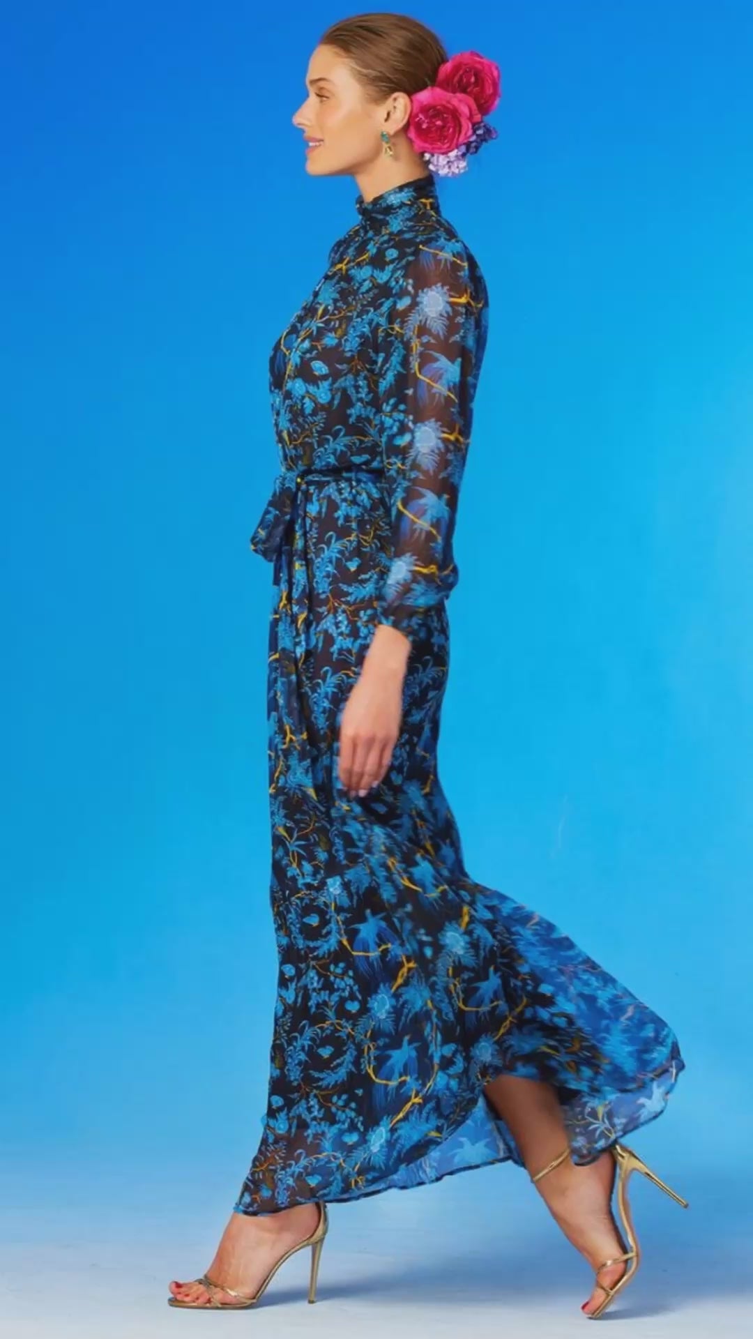 Video of Blythe Maxi Crinkle Chiffon Dress in Midnight Garden