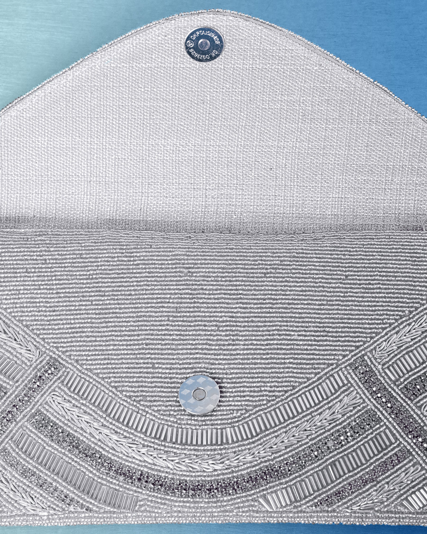 Betty Clutch in Beaded Silver closeup view of clasp