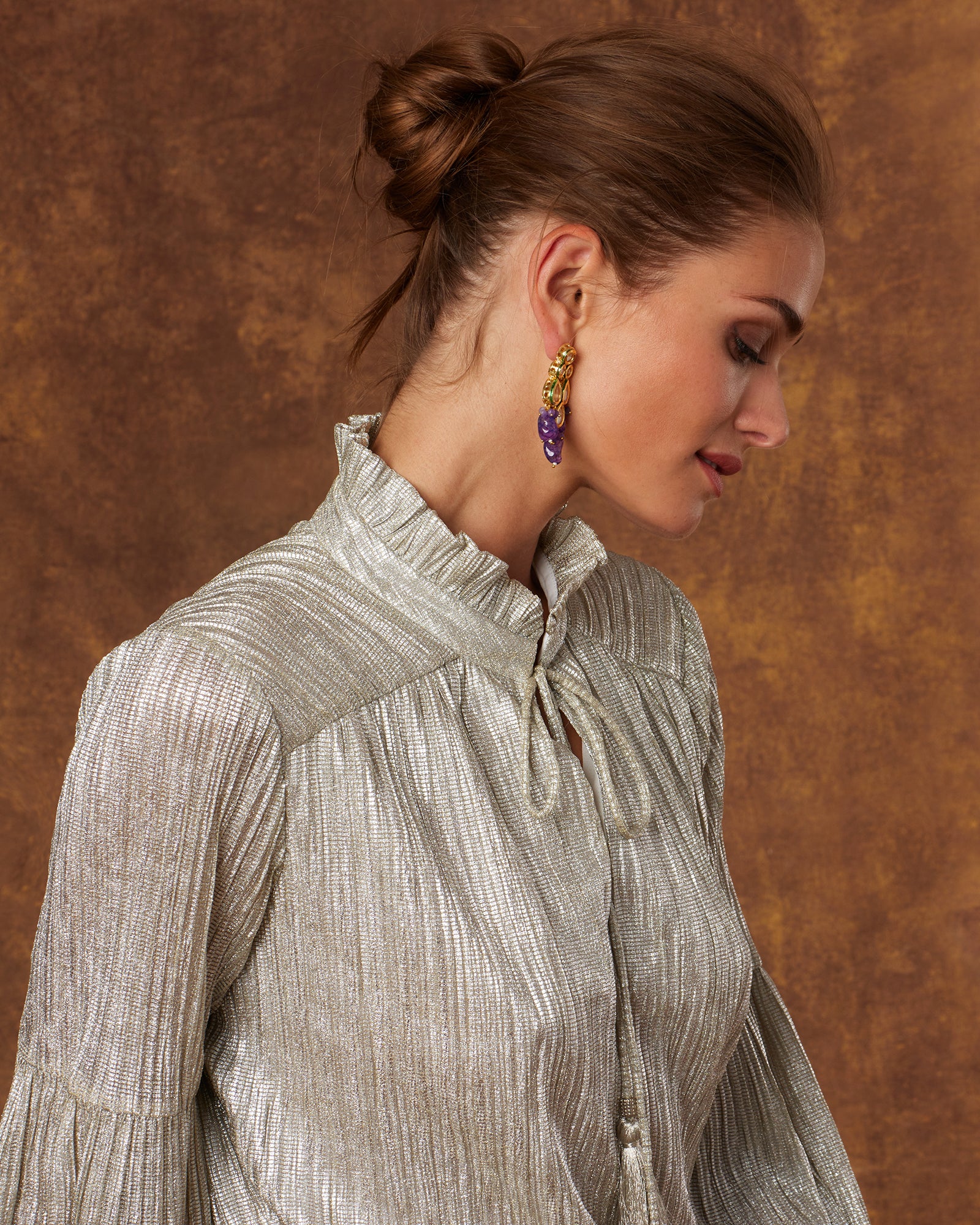 Ophelia Poet Blouse in Silver Cascade-Closeup With Necktie Closed