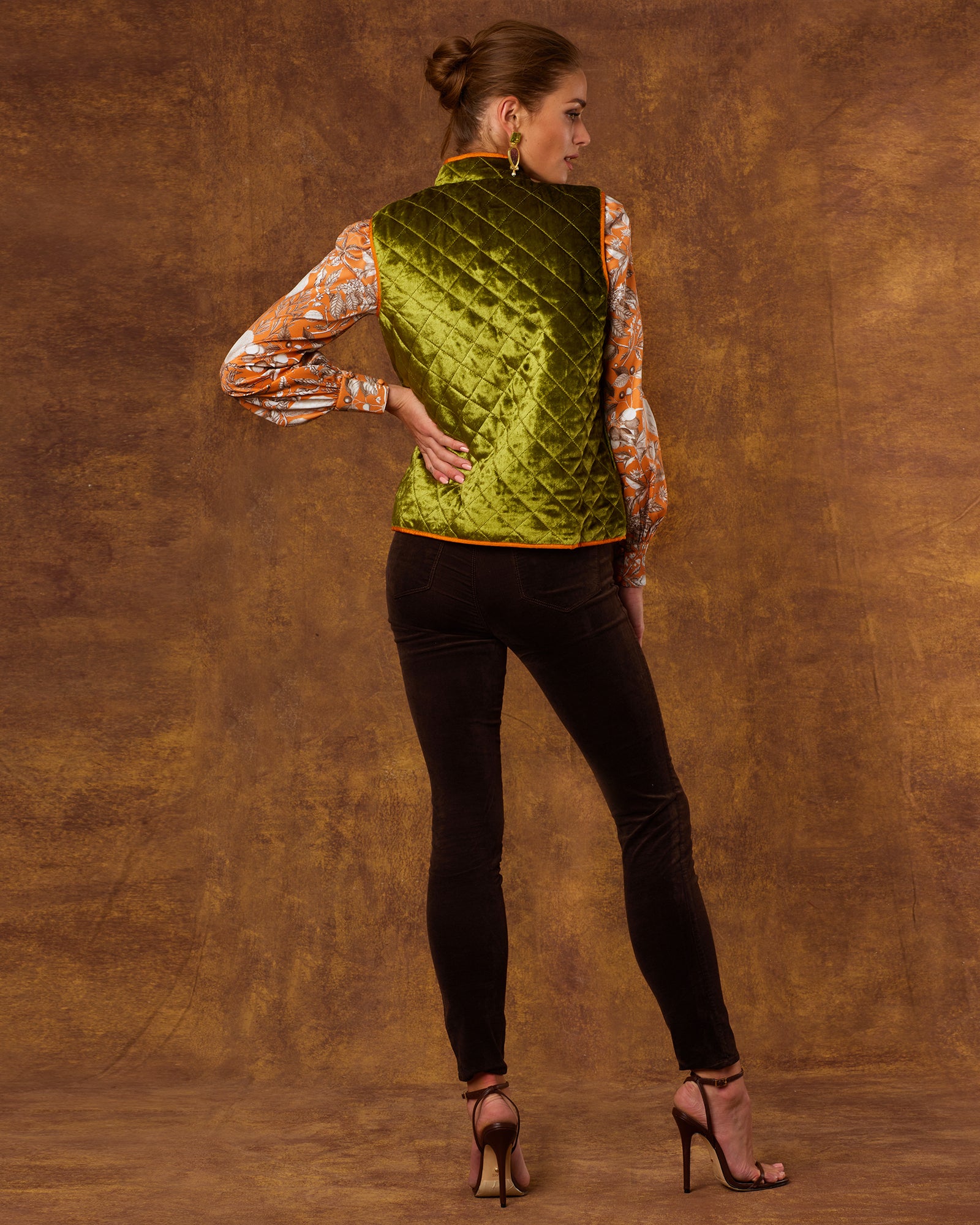 Beatrix Reversible Quilted Velvet Vest in Sienna and Moss-Back View
