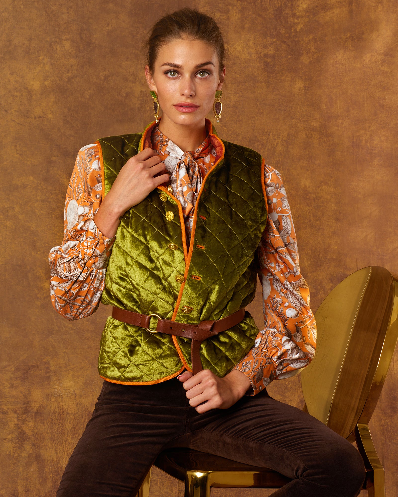 Beatrix Reversible Quilted Velvet Vest in Sienna and Moss