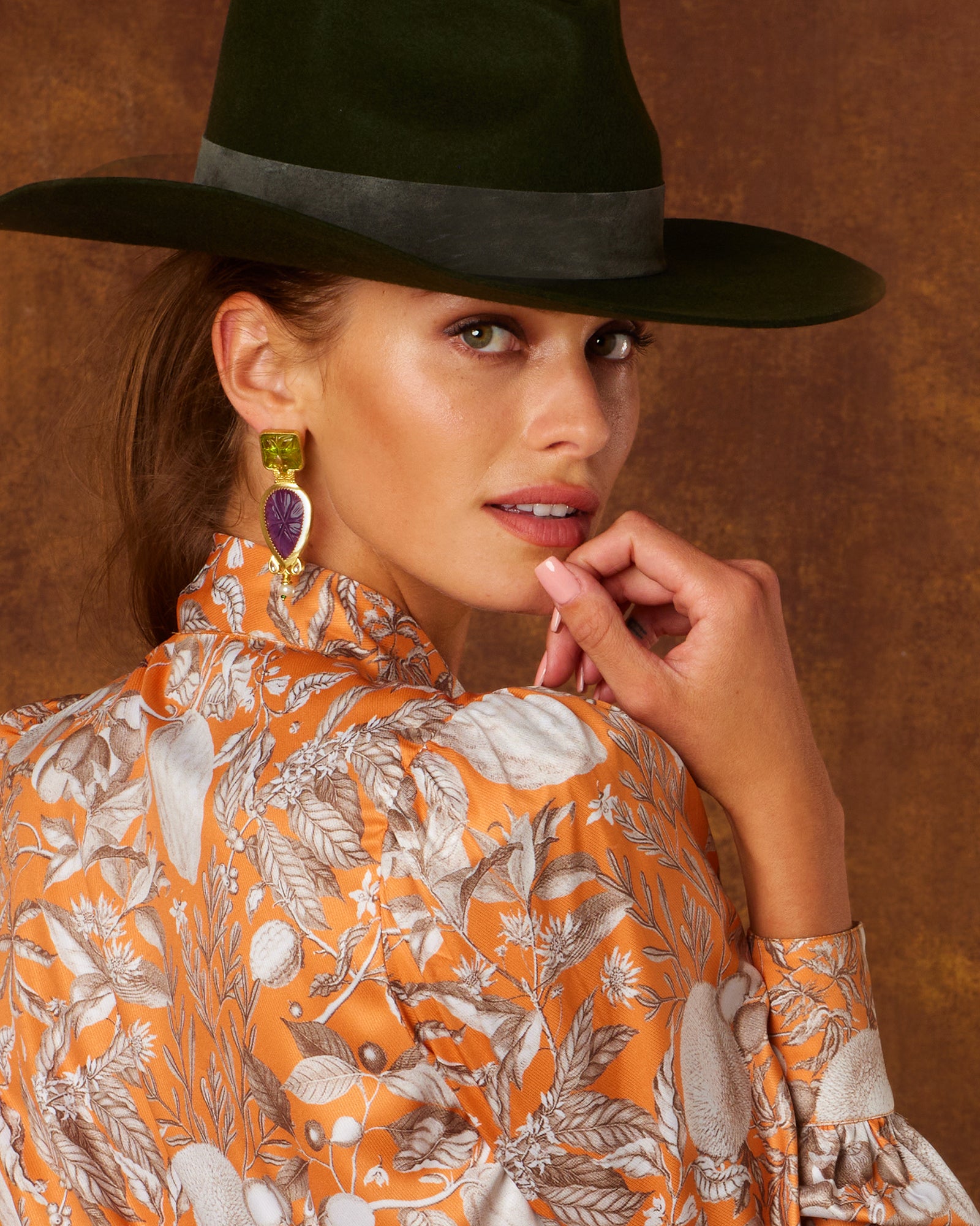 Harper Earrings in Lime Green and Amethyst Purple-Worn with Orange Blouse and hat