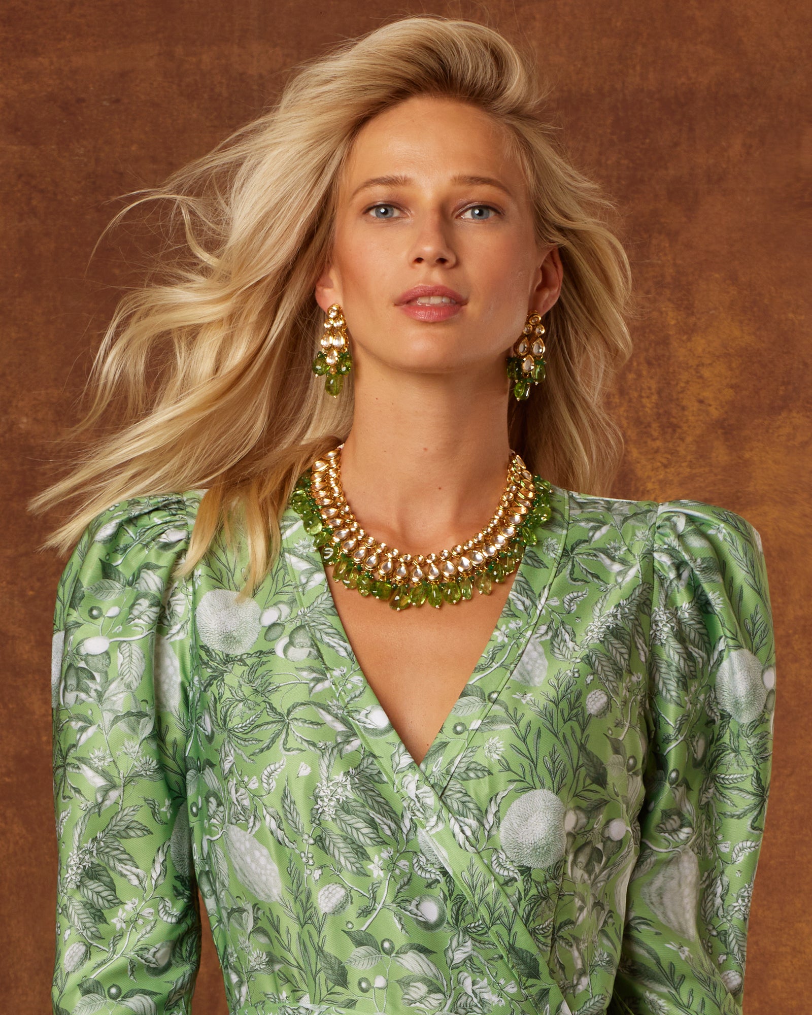 Sharawar Necklace in Peridot Green-Worn with Midi Wrap Dress