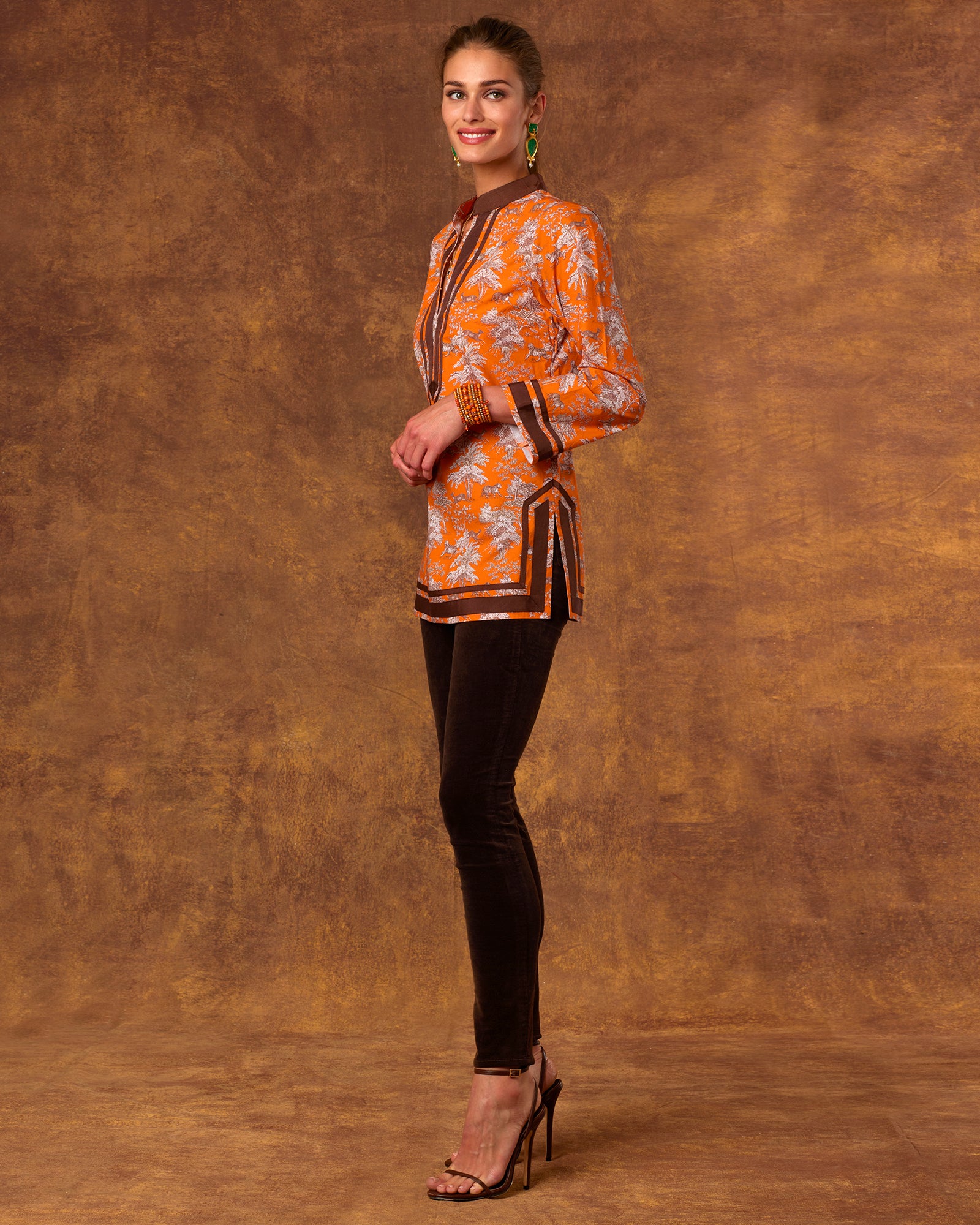 Broomfield Tunic in Tiger Toile Sunset Orange-Full Length Side View