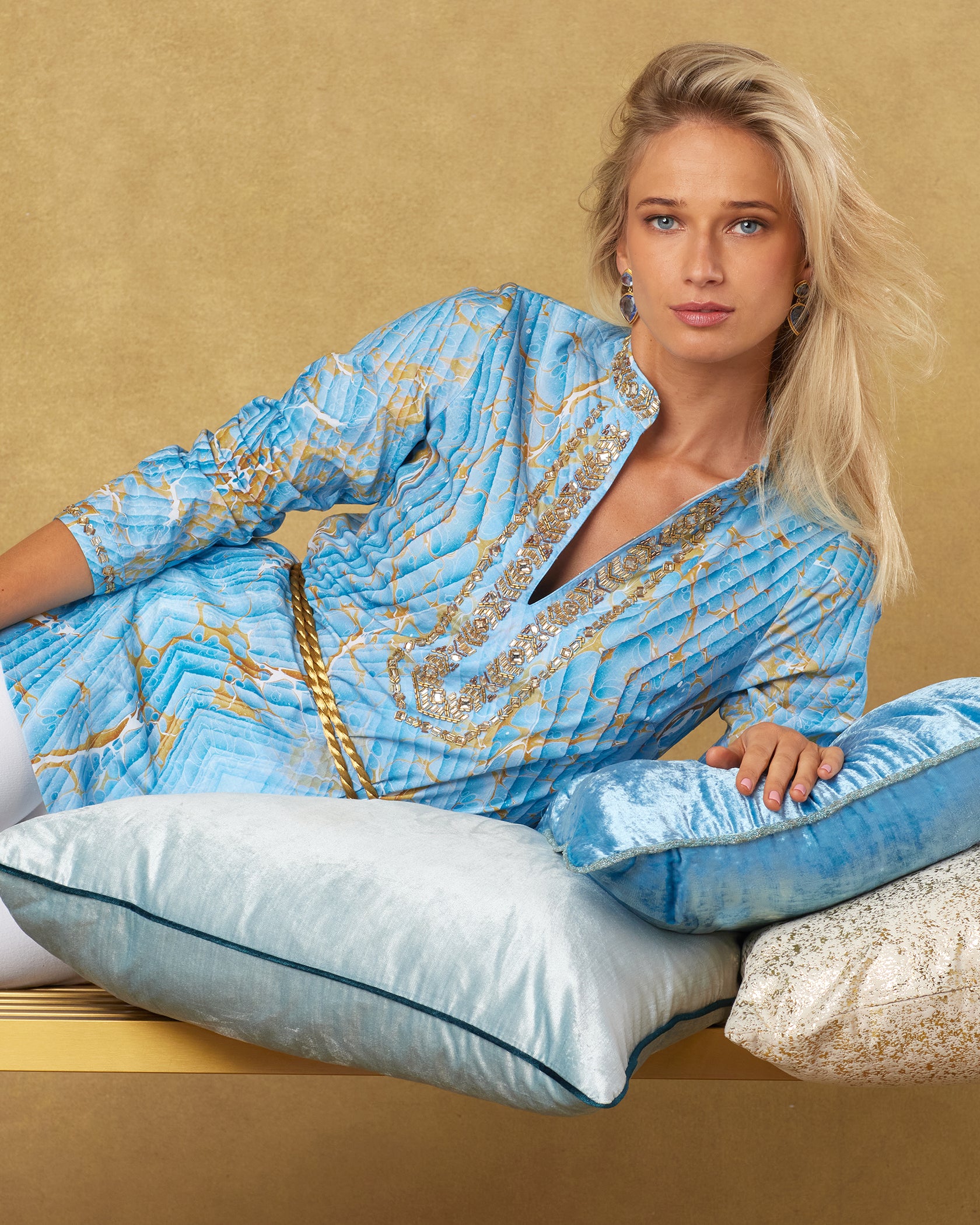 Estelle Tunic with Gold Embellishment in Sky Blue Marble