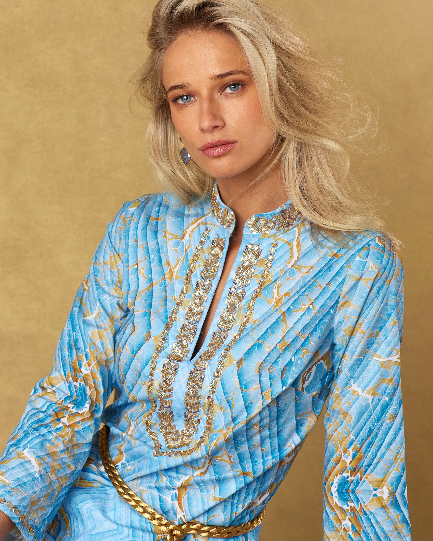 Estelle Tunic with Gold Embellishment in Sky Blue Marble-Alternate View