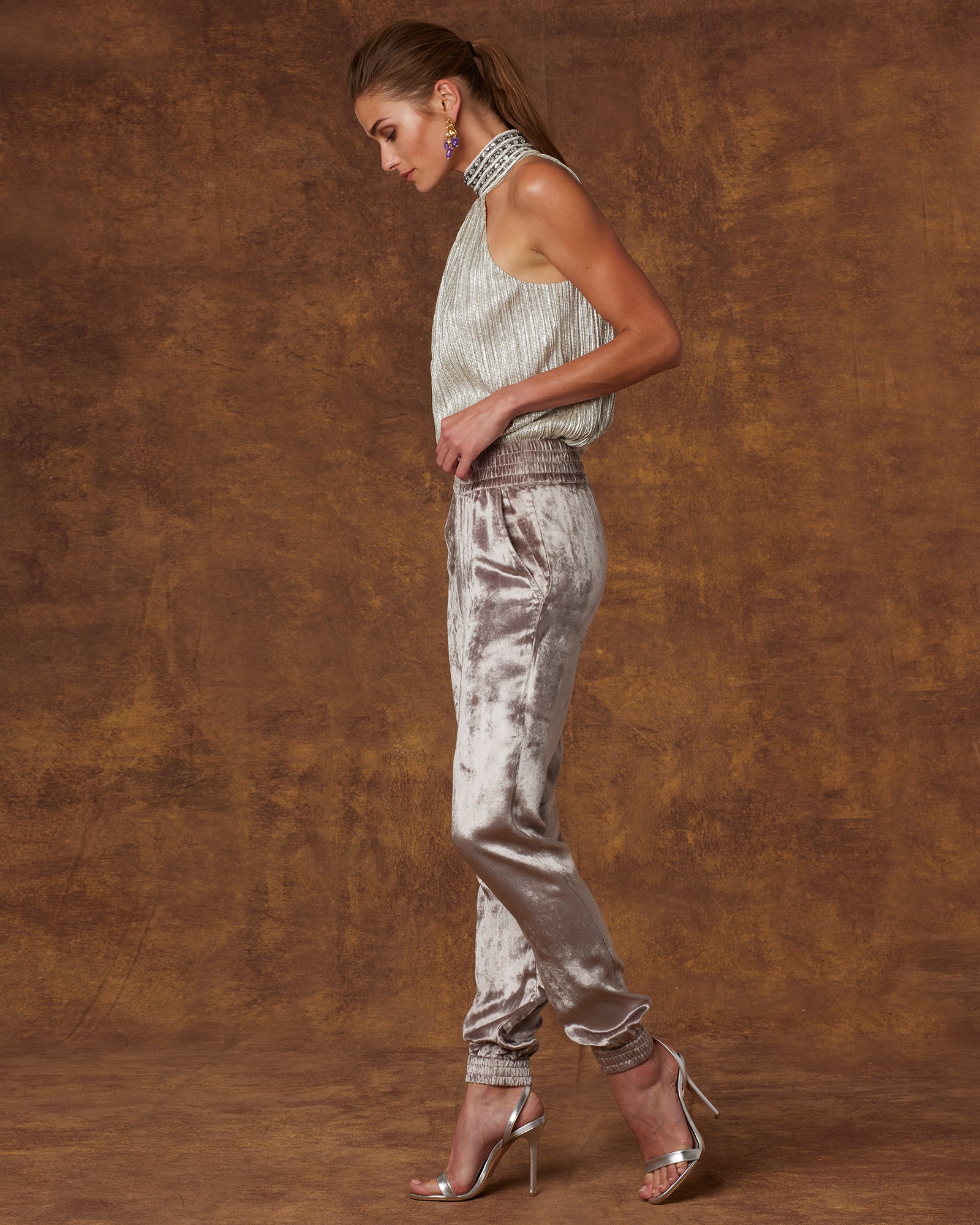 Emma Velvet Harem Pant in Foggy Gray-Side View Walking