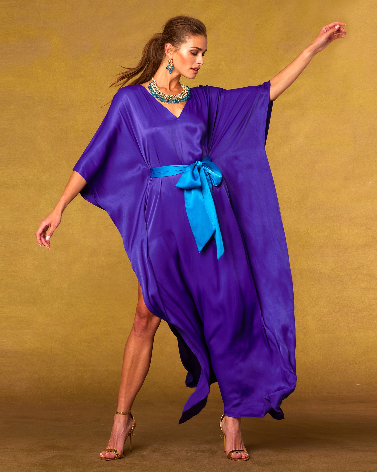 Lavinia Belted Kaftan in Royal Purple-Dancing with wind blowing
