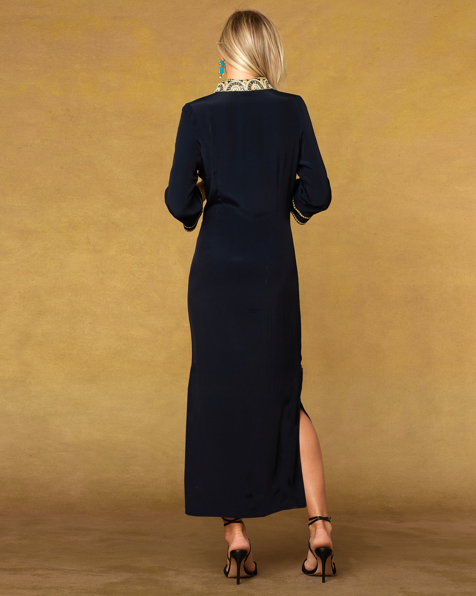 Noor Long Black Tunic Dress with Gold Embellishment with Minimalist Hem-Back View