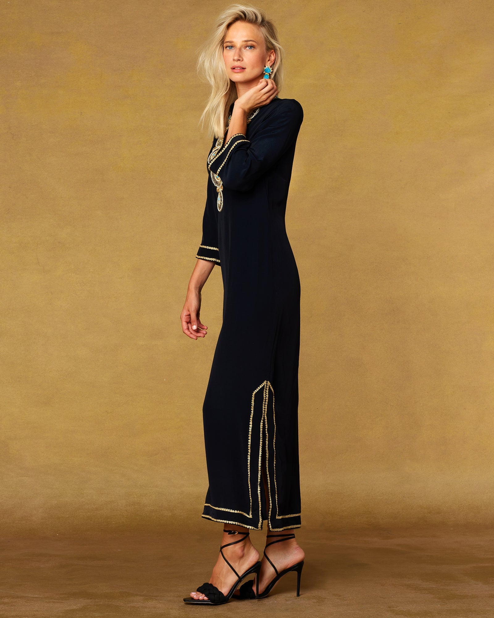 Noor Long Black Tunic Dress with Gold Embellishment-Side View