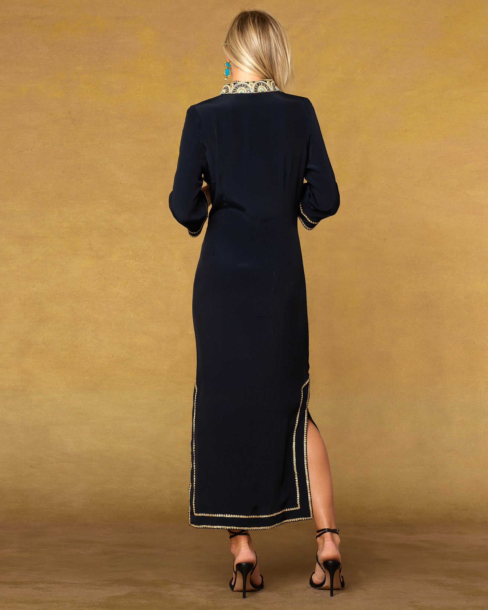 Noor Long Black Tunic Dress with Gold Embellishment-Back View