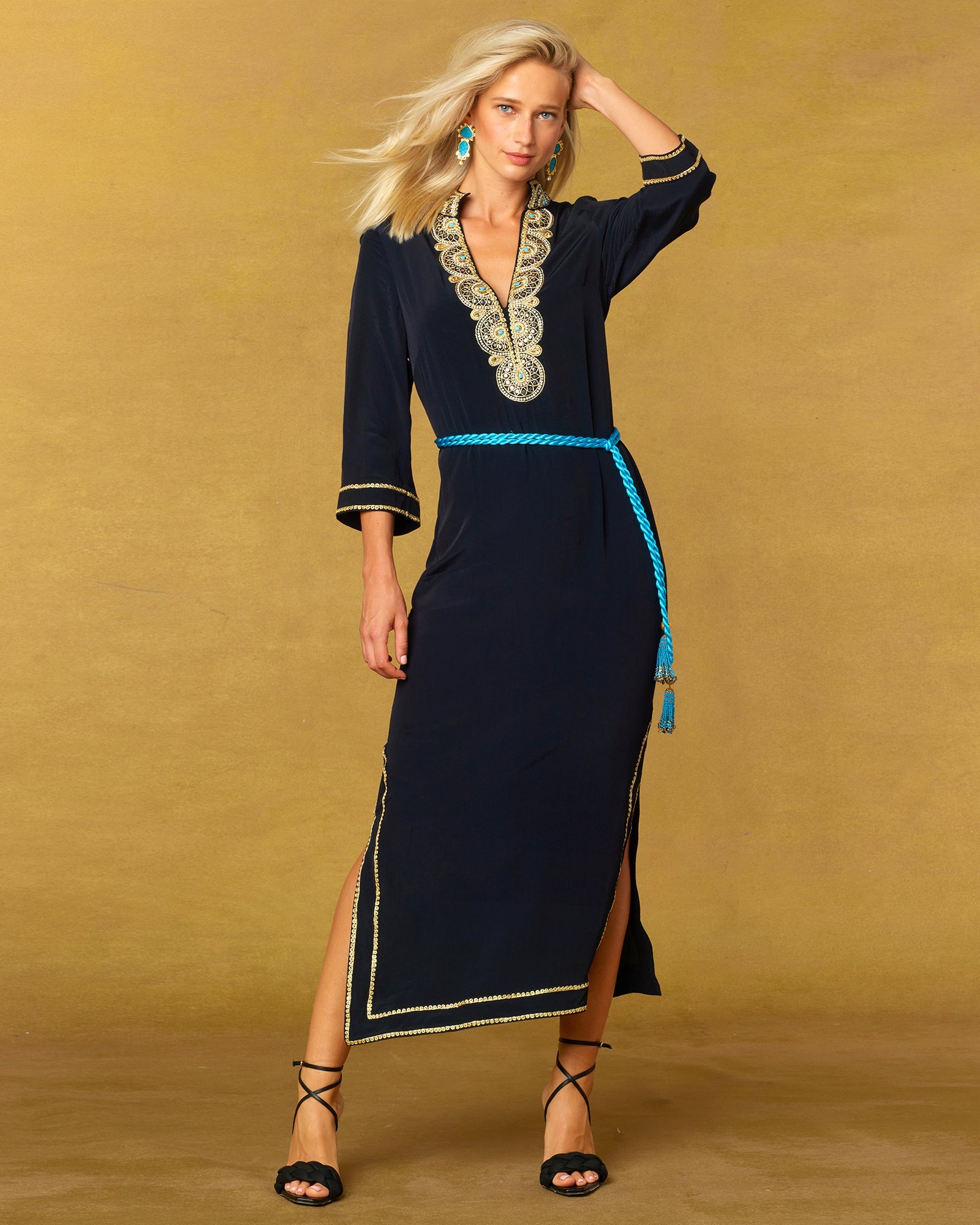 Noor Long Black Tunic Dress with Gold Embellishment-Worn with Artemis Rope Belt