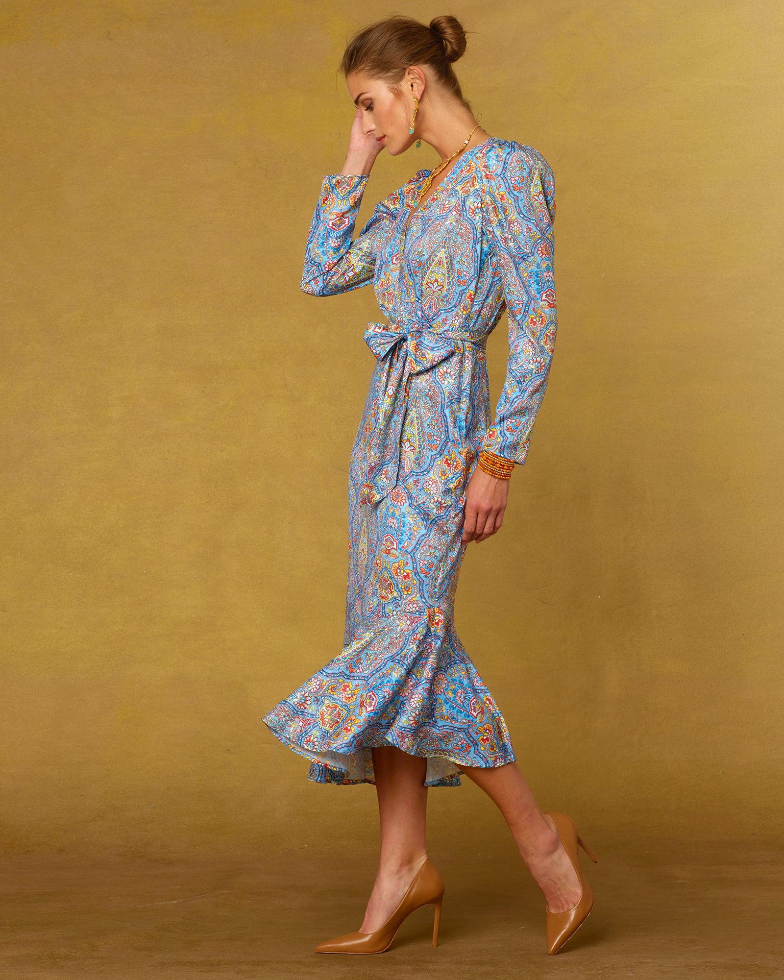 Marielle Midi Ruffle Dress in Kaleidoscope Paisley-Side View and Flare