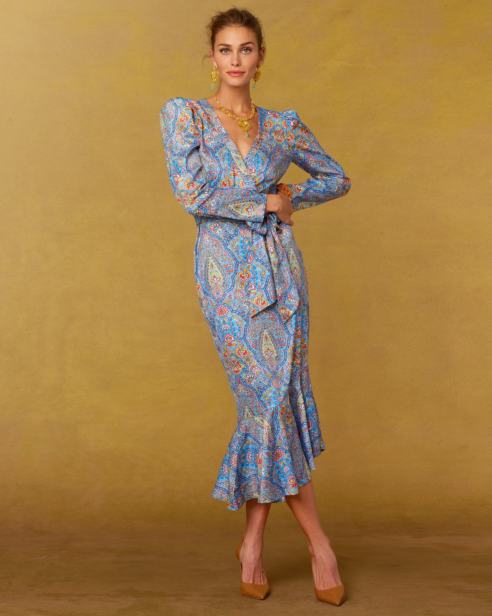 Marielle Midi Ruffle Dress in Kaleidoscope Paisley-Full Front View