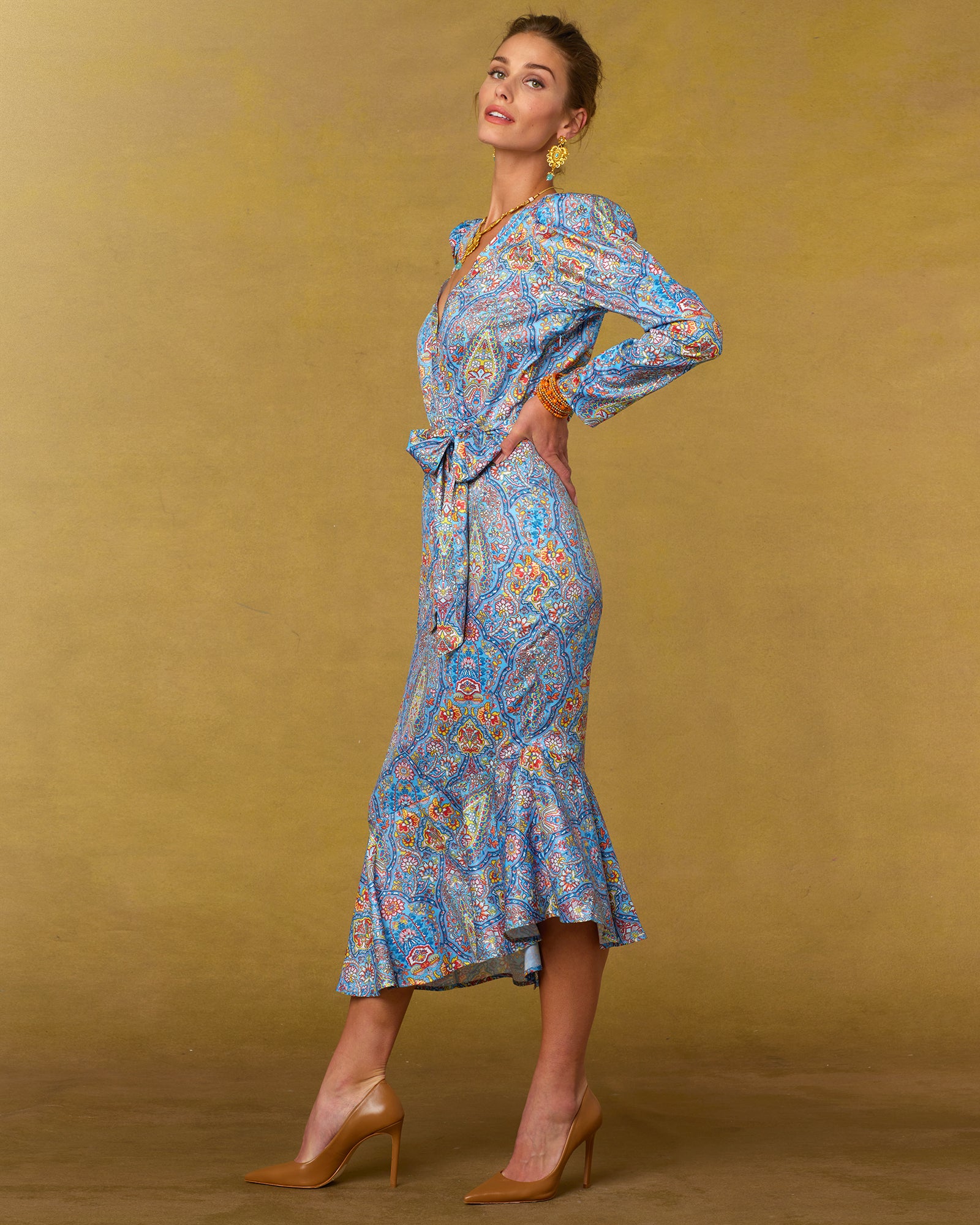 Marielle Midi Ruffle Dress in Kaleidoscope Paisley-Side View