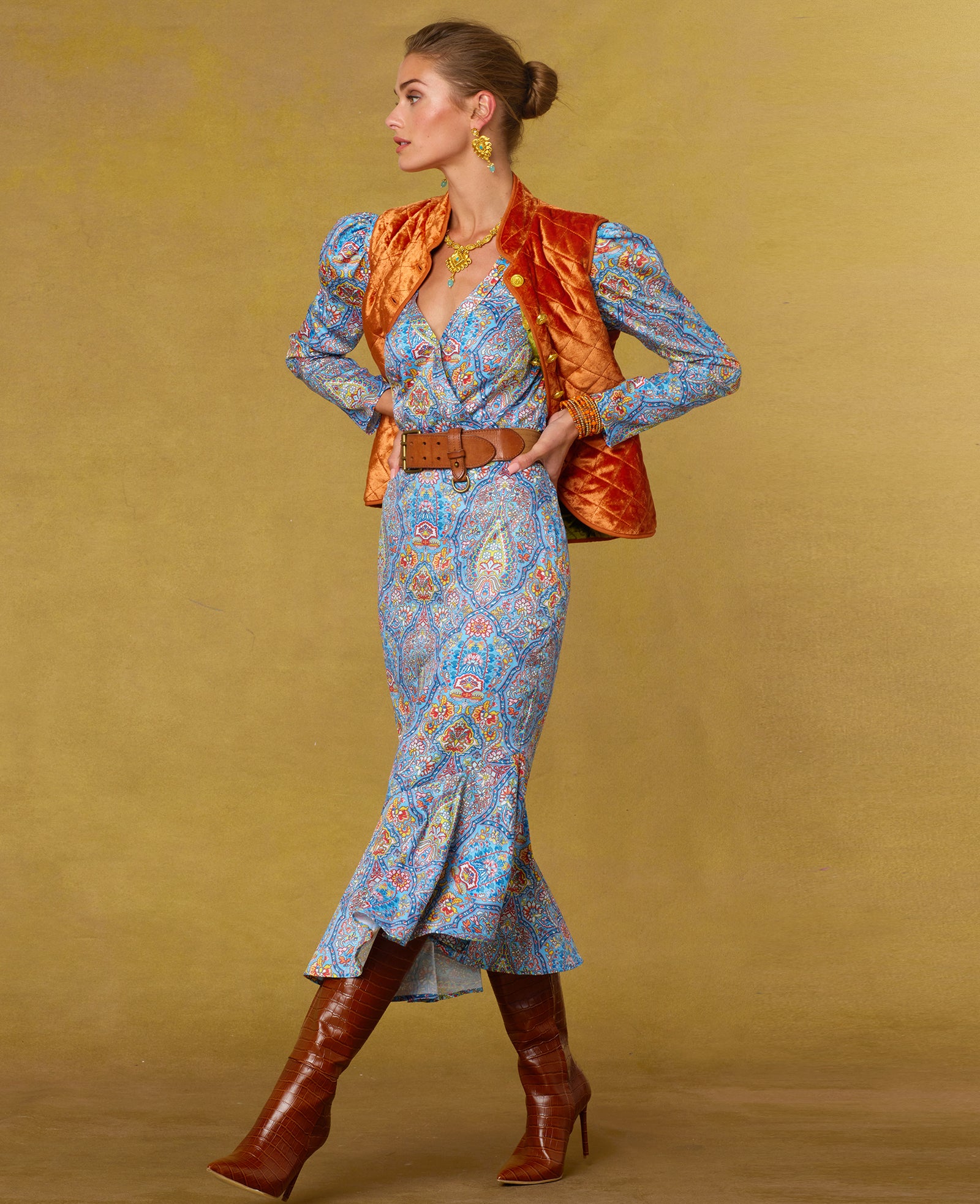 Marielle Midi Ruffle Dress in Kaleidoscope Paisley-Walking