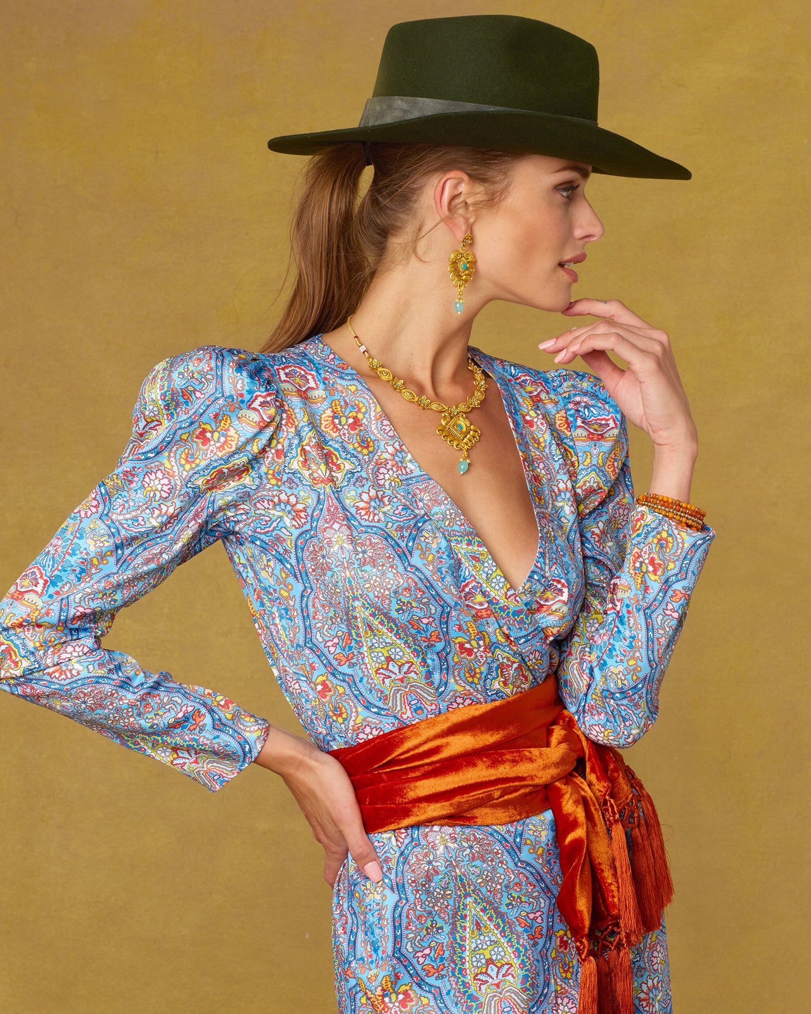 Marielle Midi Ruffle Dress in Kaleidoscope Paisley-Side Portrait