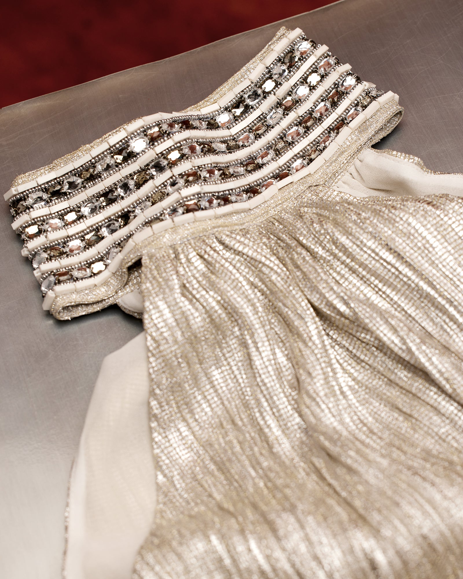 Odile Halter Top in Silver Cascade and Embellishment-Detail of Hand Embellishment with Jewels and Beads