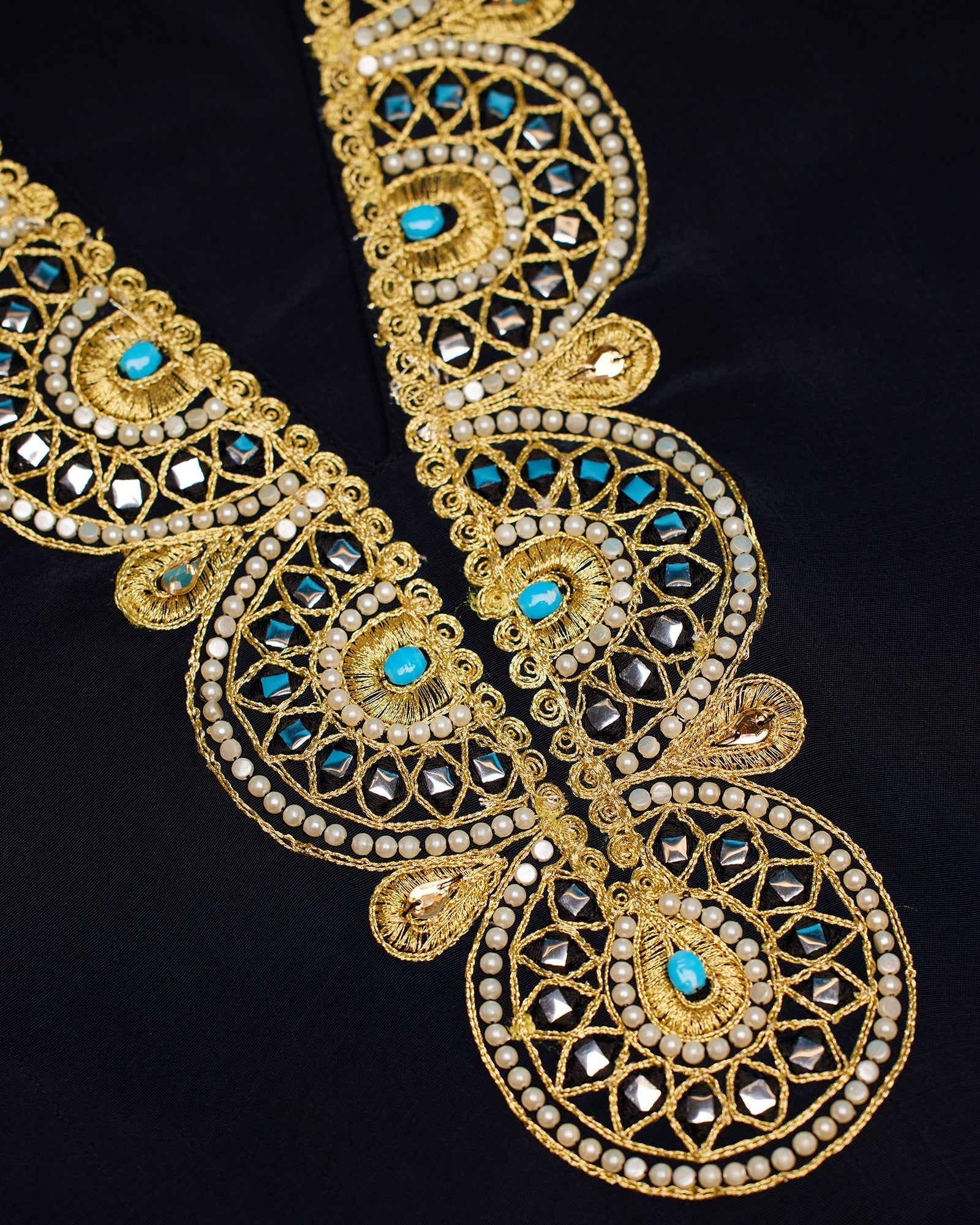 Noor Long Black Tunic Dress with Gold Embellishment-Detail of Gold and Turquoise Embellishment