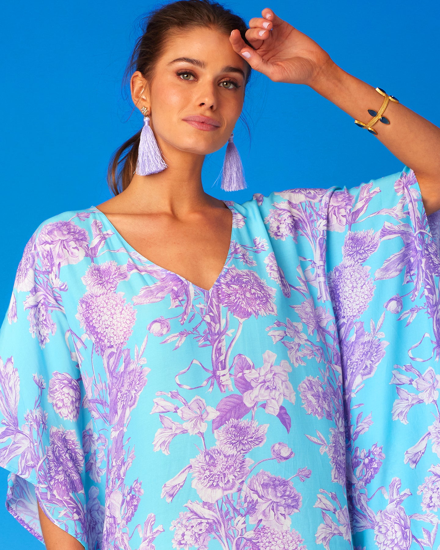 Camille Kaftan in Turquoise and Purple Floral Toile-Closeup