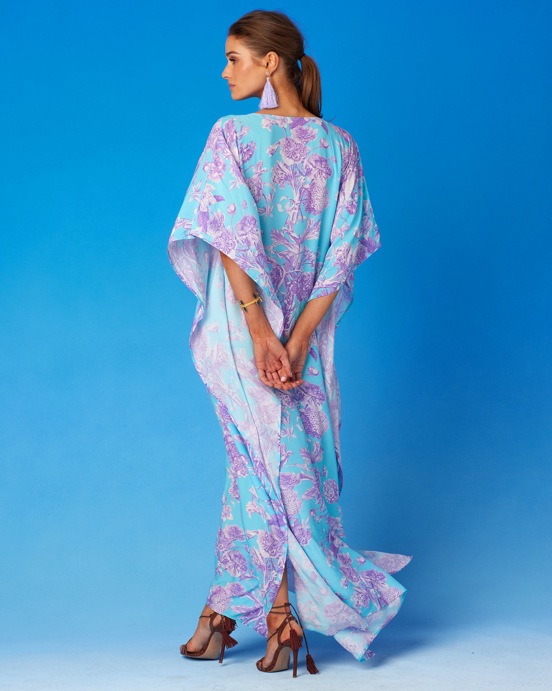 Camille Kaftan in Turquoise and Purple Floral Toile-Back View