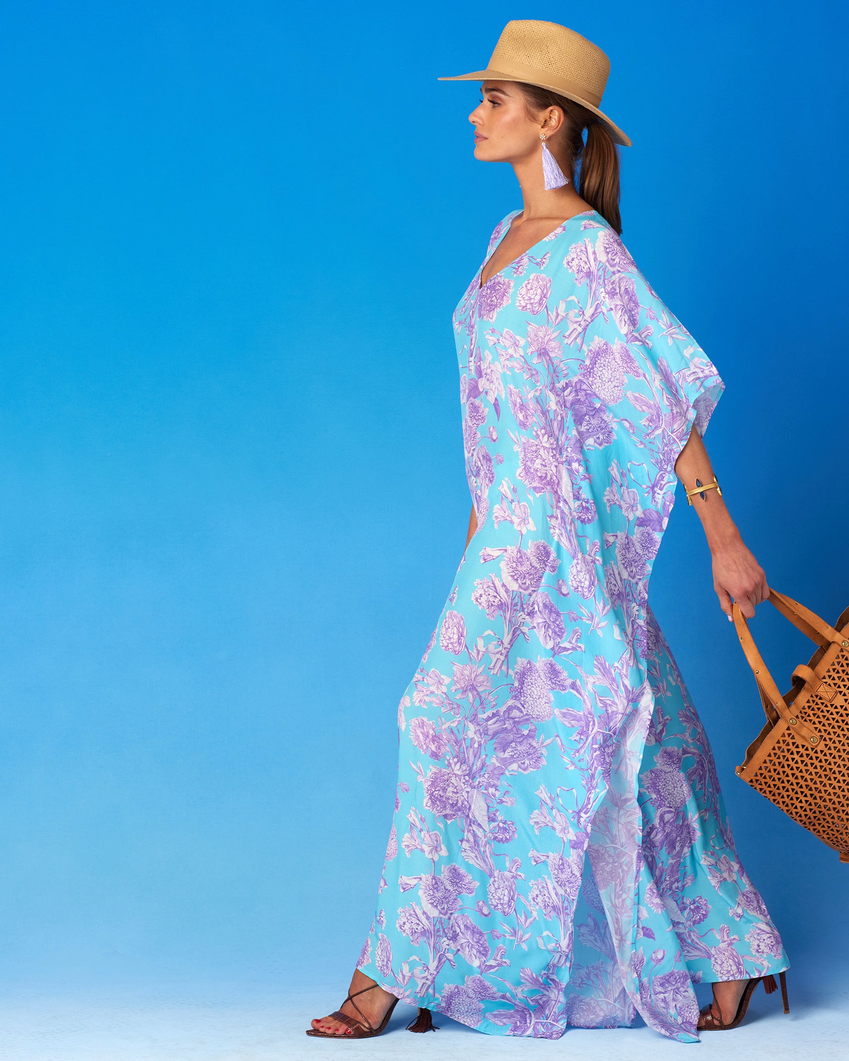 Camille Kaftan in Turquoise and Purple Floral ToileCamille Kaftan in Turquoise and Purple Floral Toile-Walking Side View