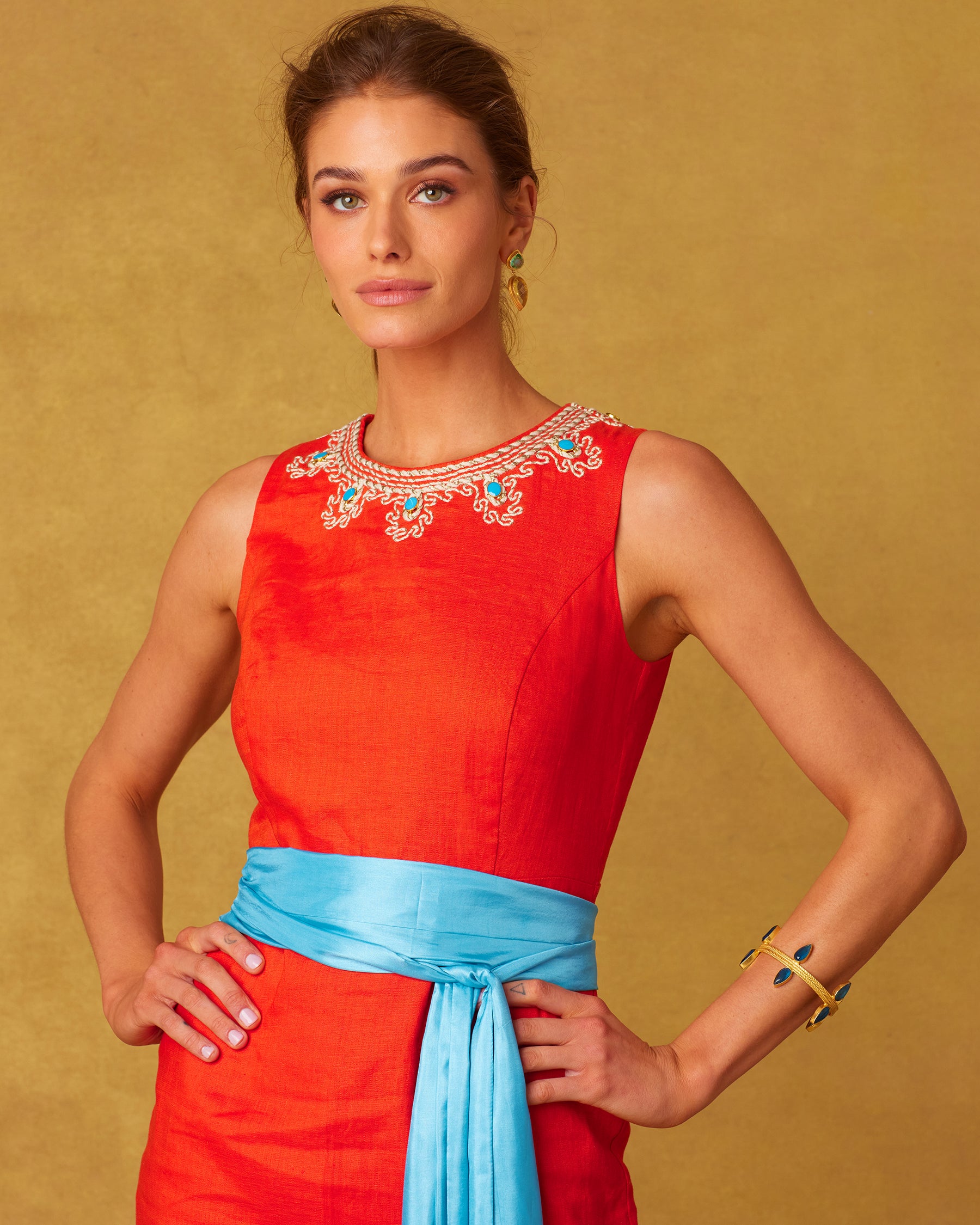 Adriana Sheath Dress in Coral Orange Linen and Gold Embellishment