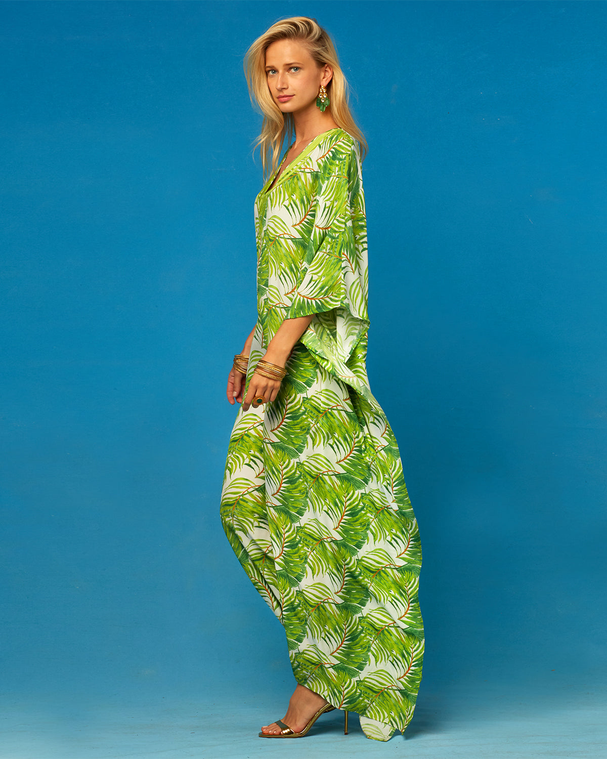 Ashley Long Kaftan in Undulating Palm Leaves-side view