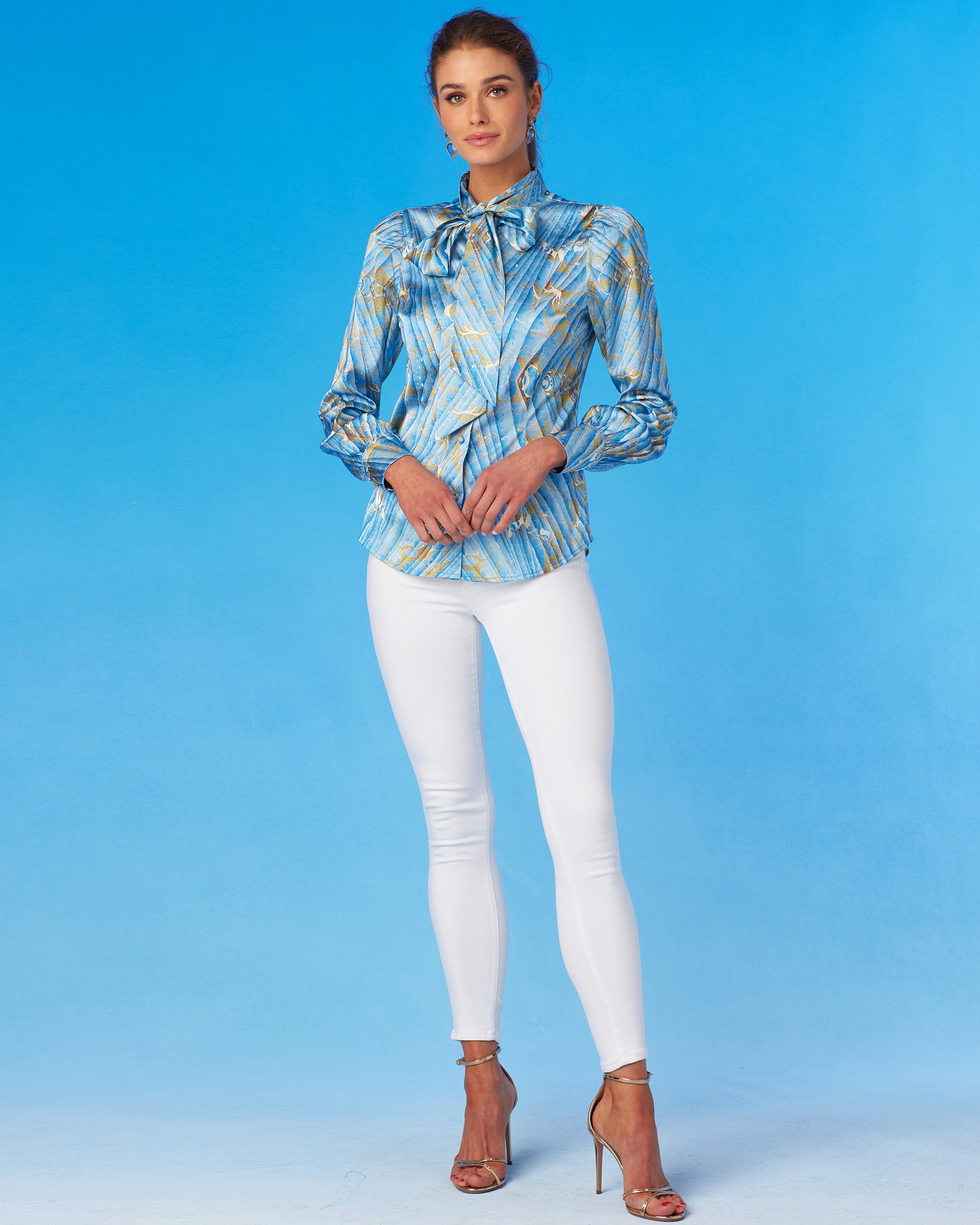 Aurelie Pussybow Blouse in Sky Blue Marble-Front View with blouse untucked