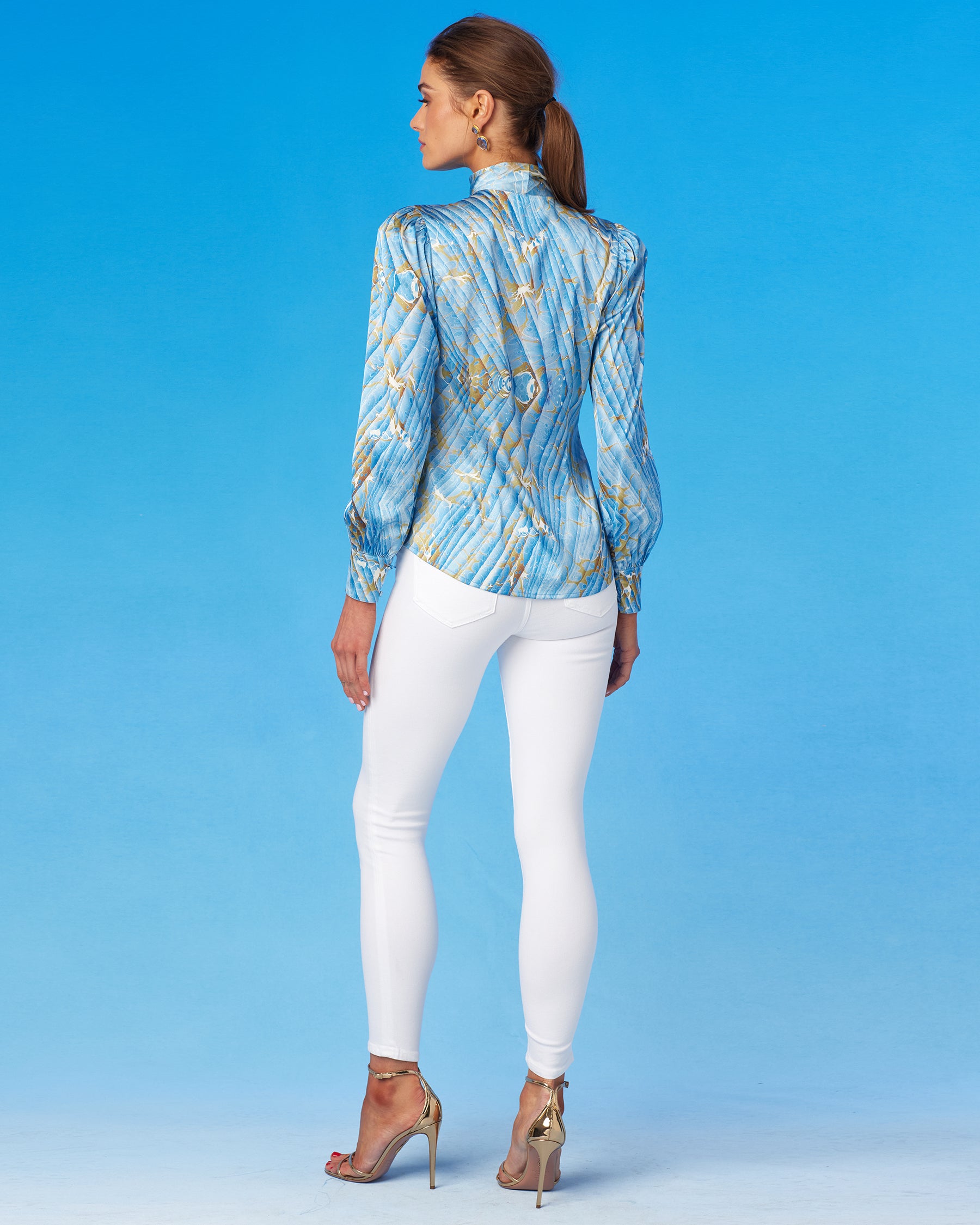 Aurelie Pussybow Blouse in Sky Blue Marble-Back View