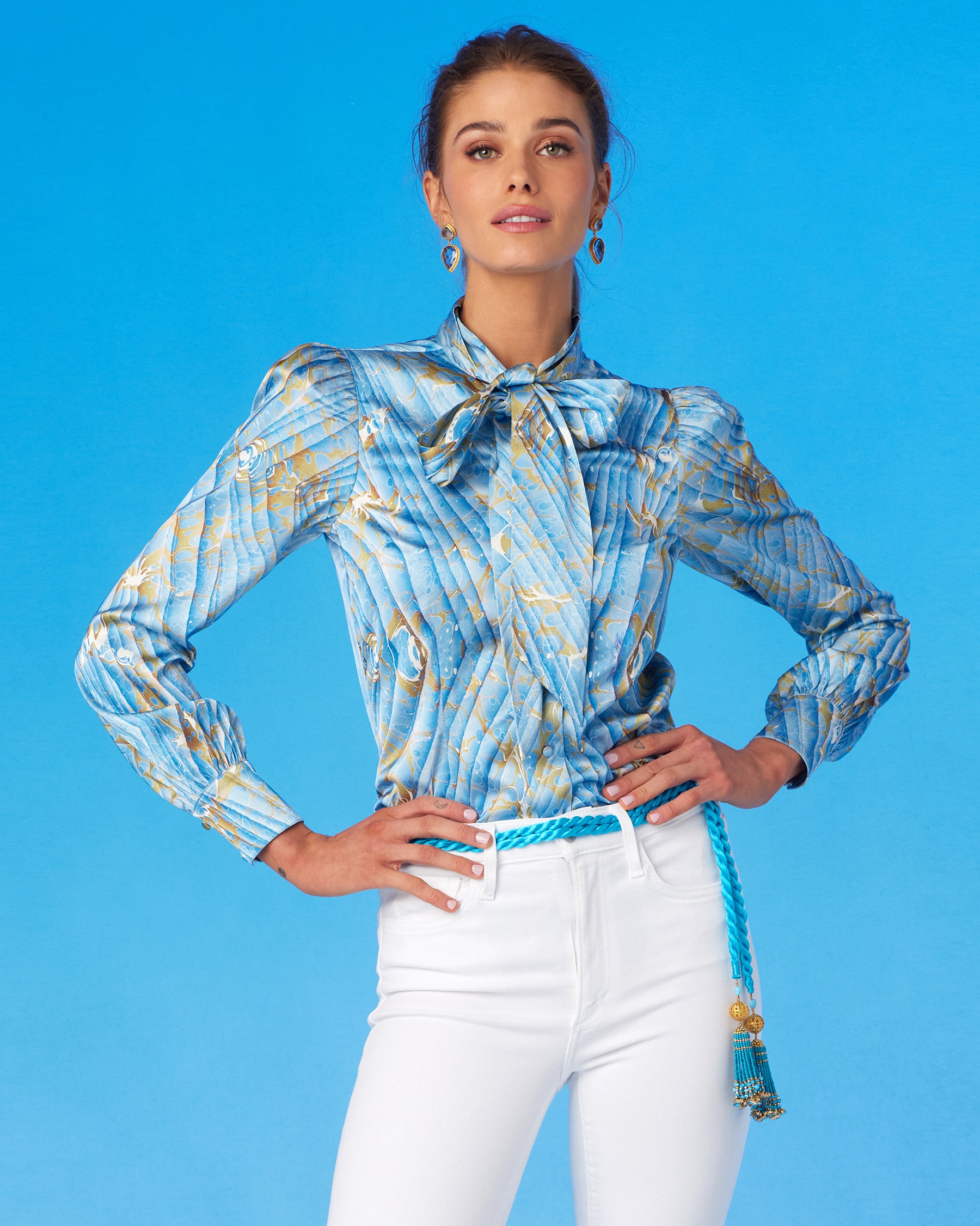 Aurelie Pussybow Blouse in Sky Blue Marble