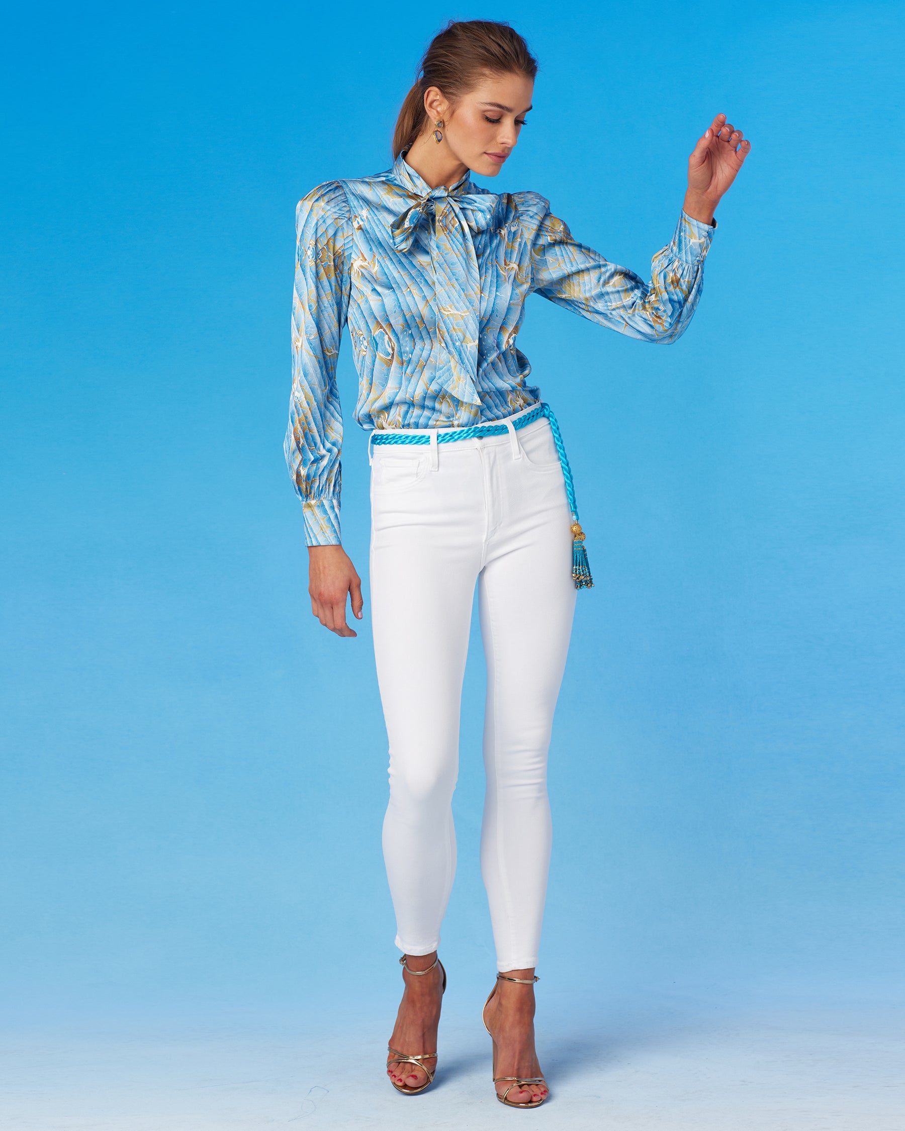 Aurelie Pussybow Blouse in Sky Blue Marble-Walking Front View
