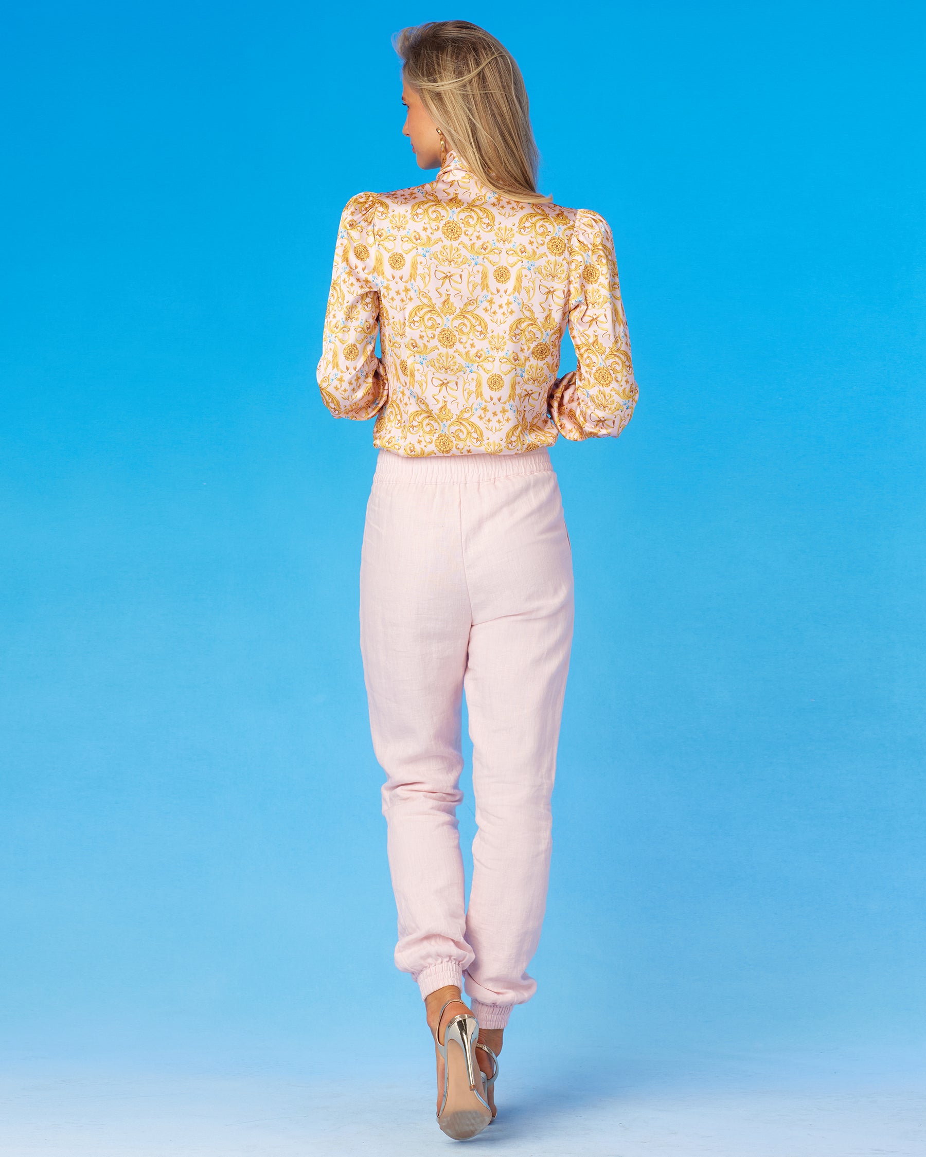 Emma Linen Harem Pant in Blush Pink=Back View