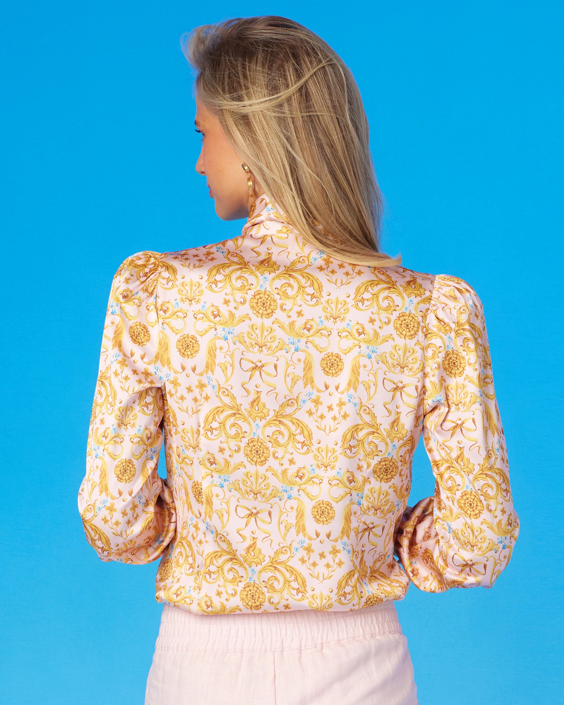 Aurelie Pussybow Blouse in French Regency Ribbon Print-Back View