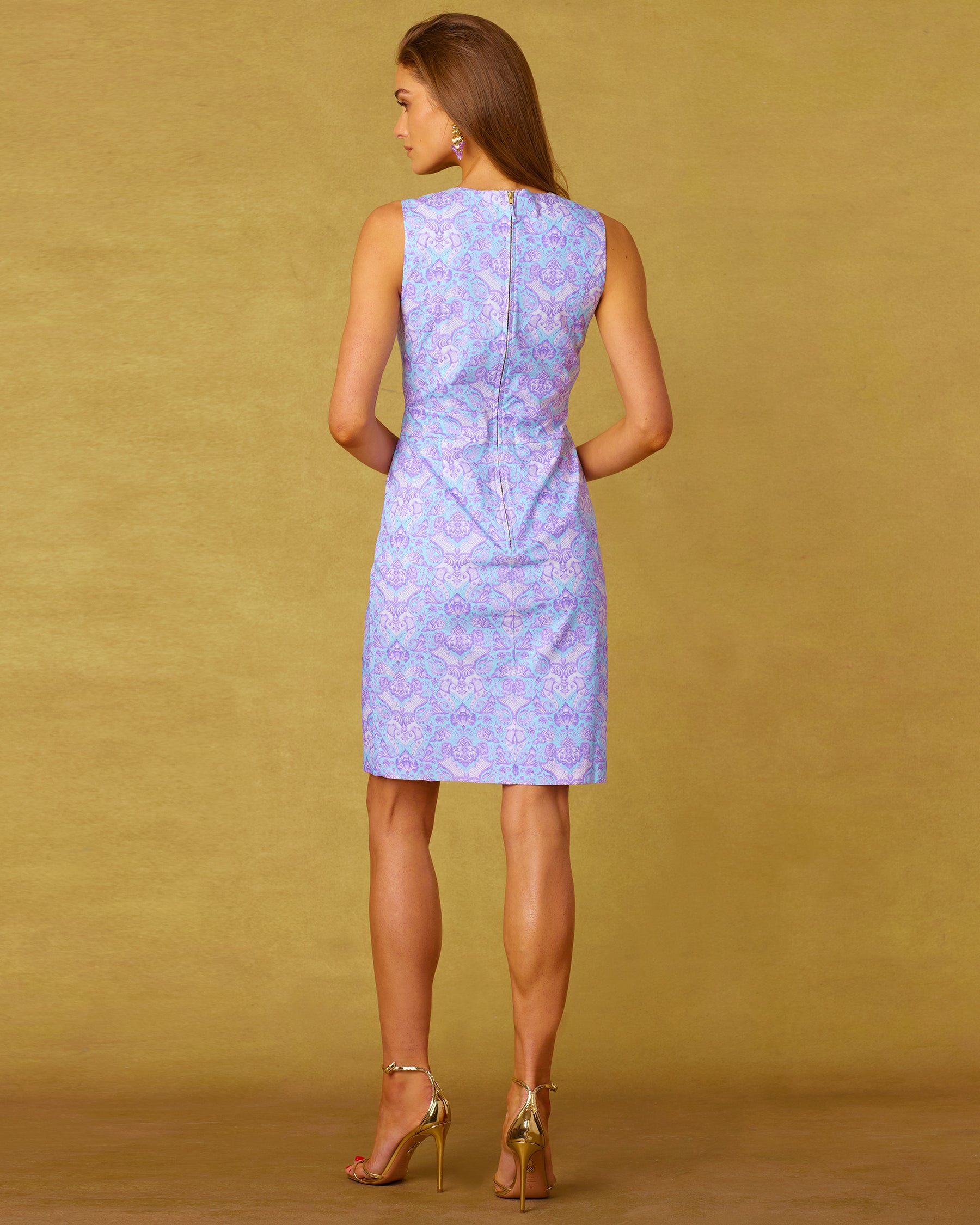 Brinkley Sleeveless Sheath Dress in in Shalimar Purple on Robin Egg Blue-Back View