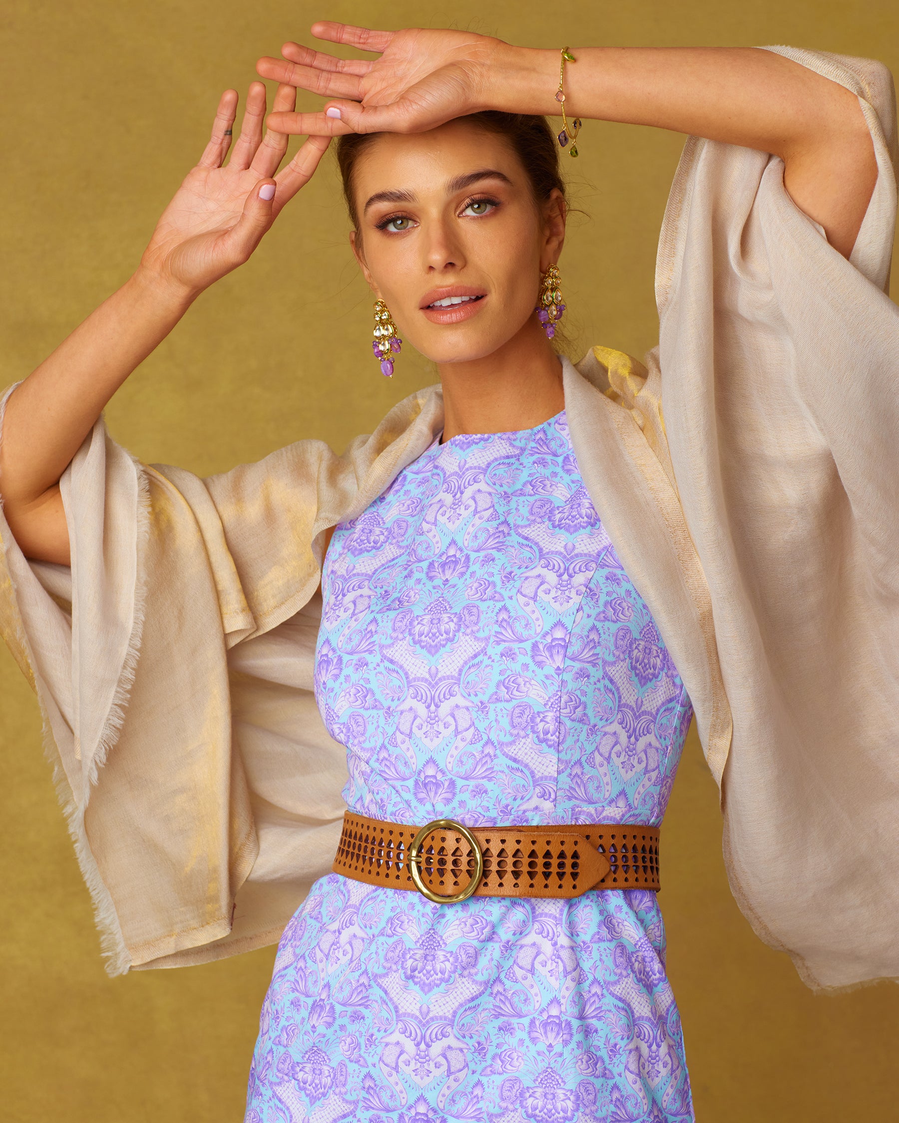 Brinkley Sleeveless Sheath Dress in in Shalimar Purple on Robin Egg Blue with the Jsephine Pashmina Shawl