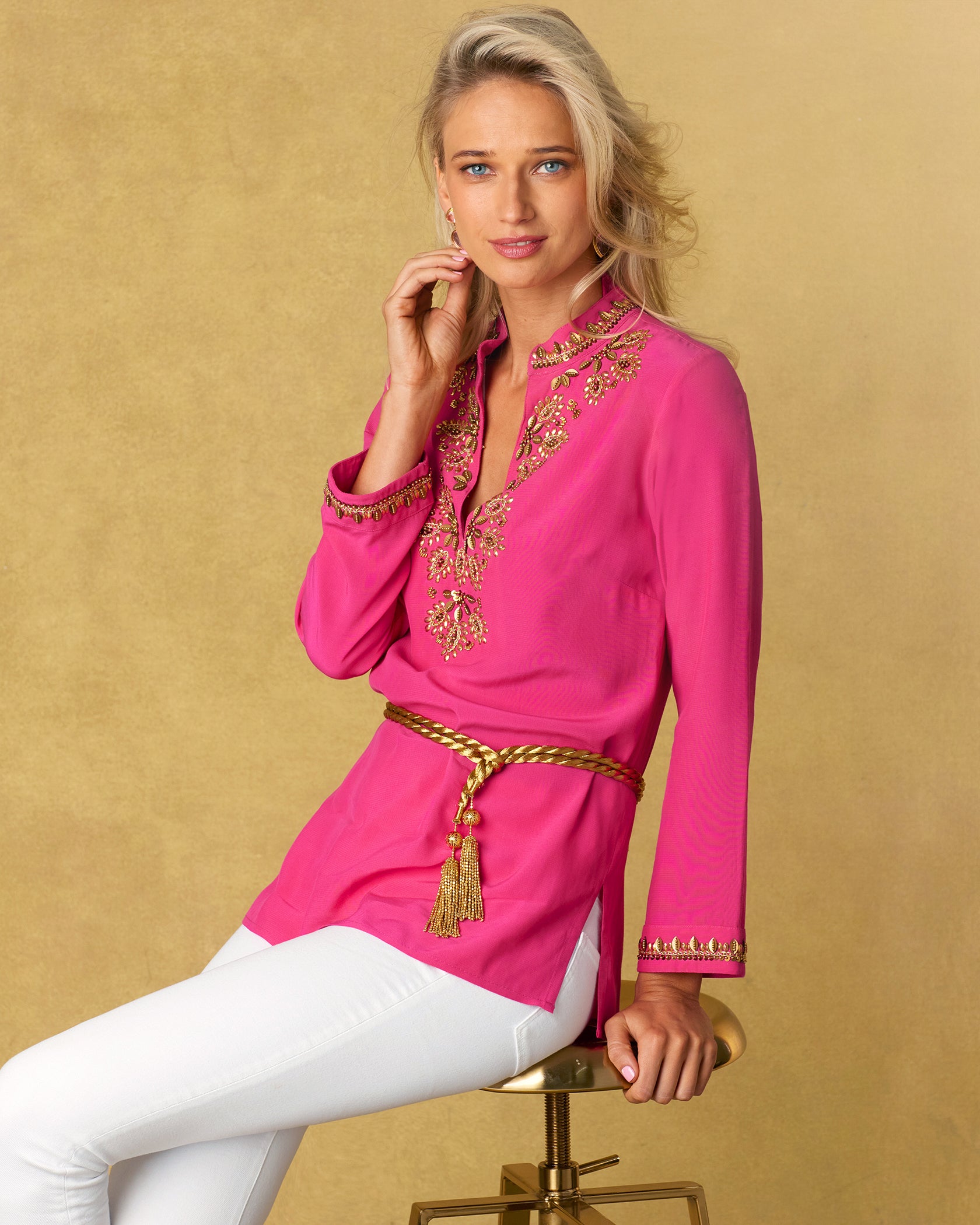 Callista Tunic in Hot Pink and Gold Embellishment