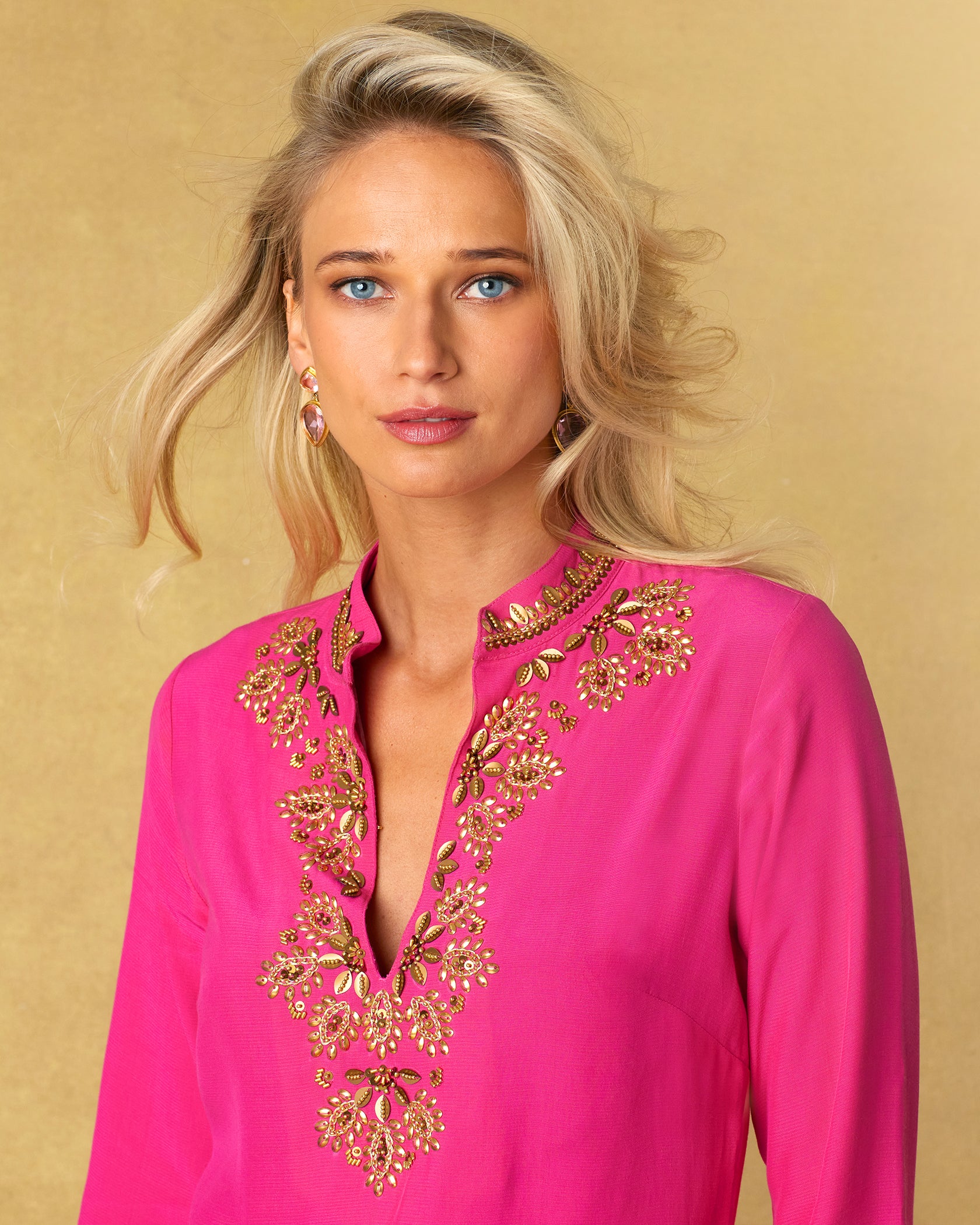 Callista Tunic in Hot Pink and Gold Embellishment-Portrait