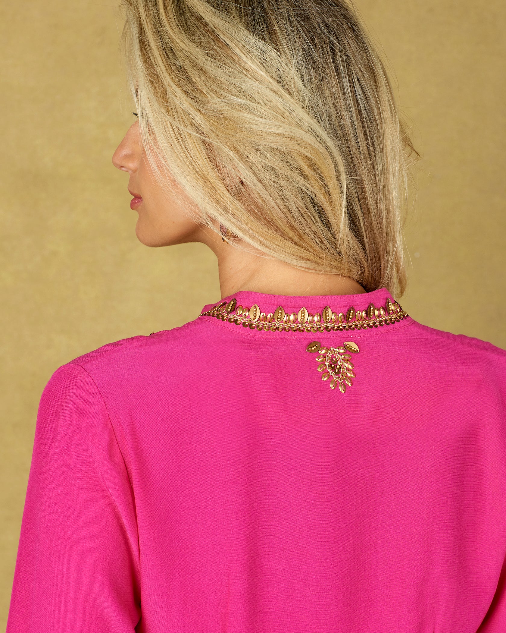 Callista Tunic in Hot Pink and Gold Embellishment-Back View showcasing gold embellished detail