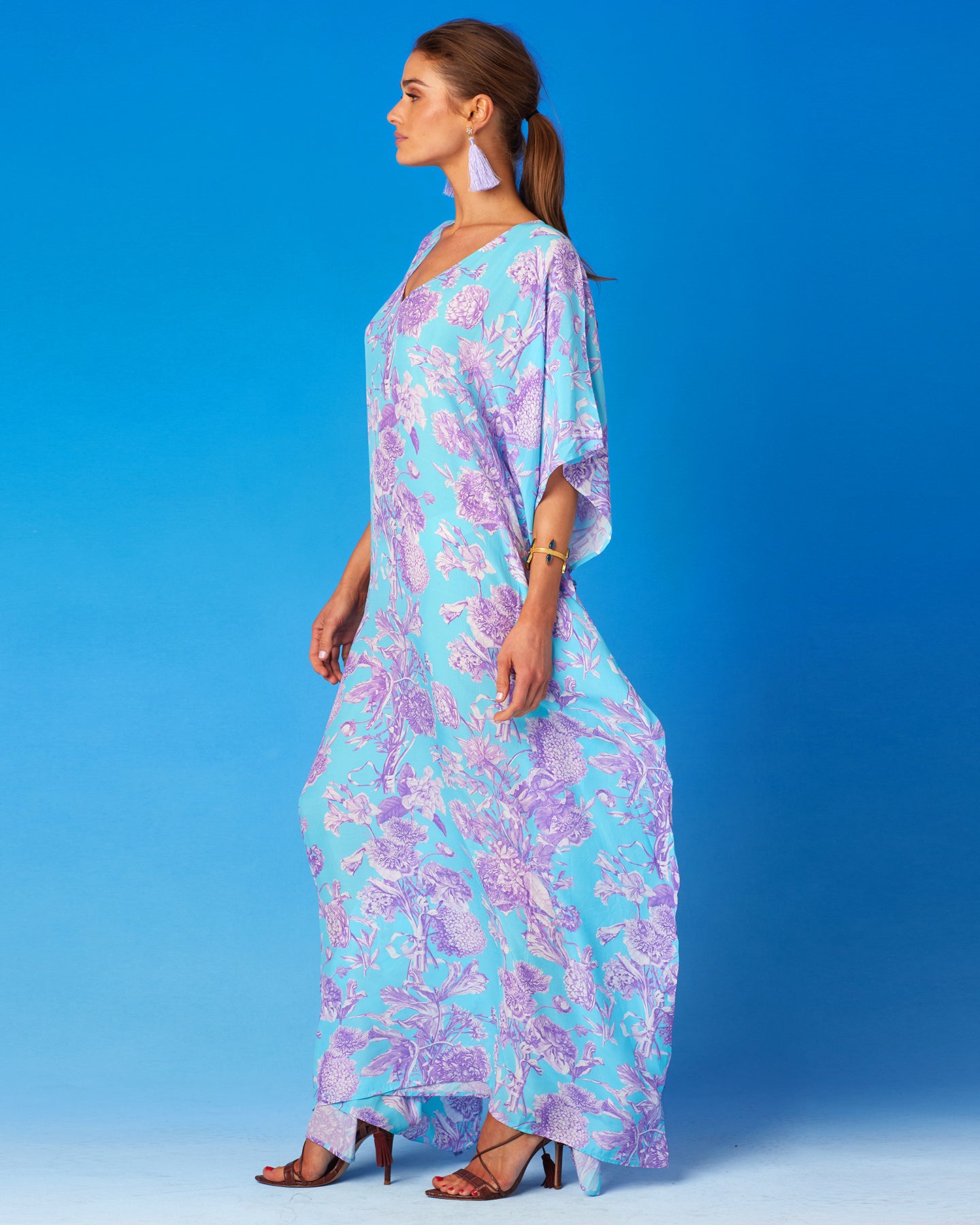 Camille Kaftan in Turquoise and Purple Floral Toile-Side View