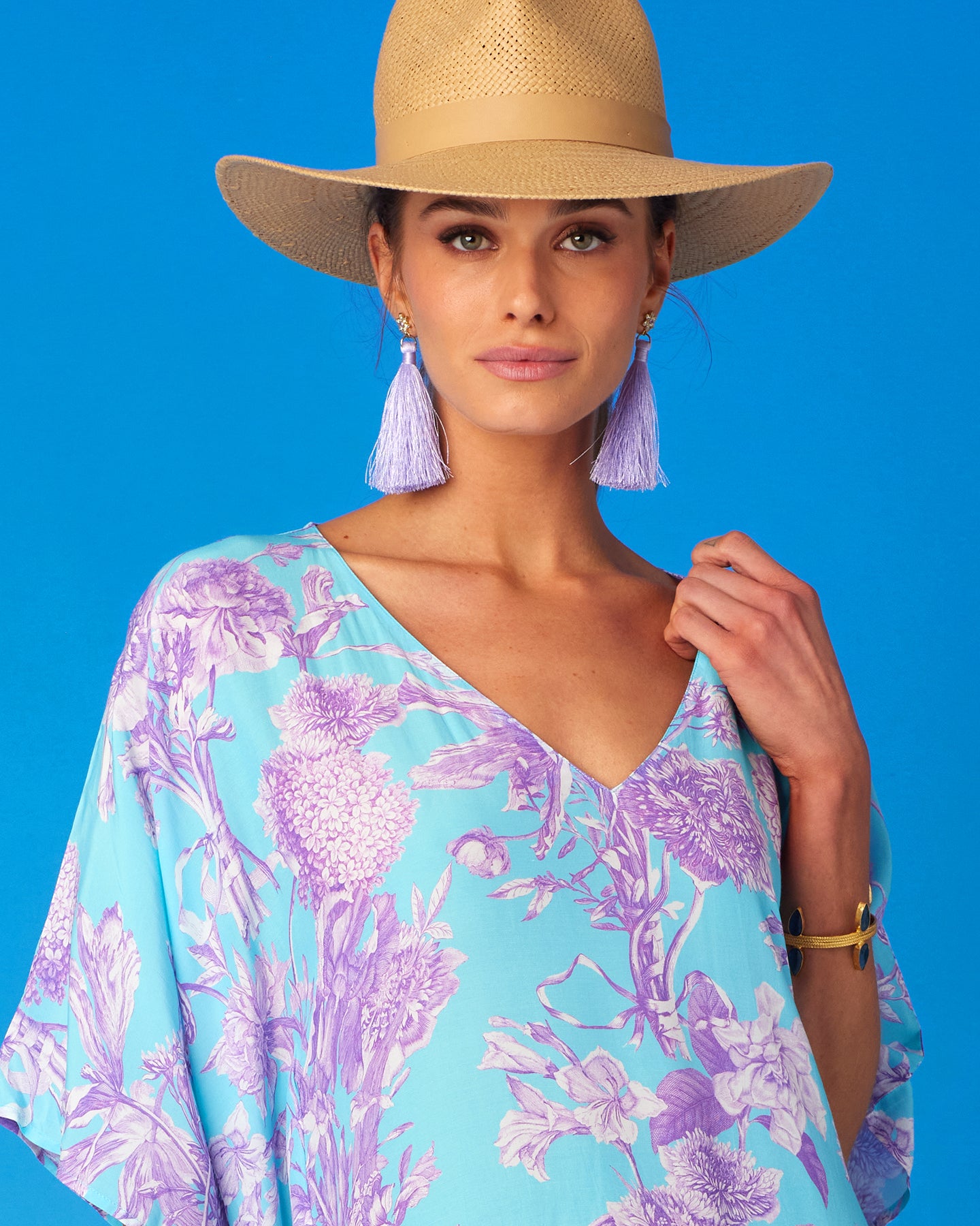 Camille Kaftan in Turquoise and Purple Floral Toile-Portrait