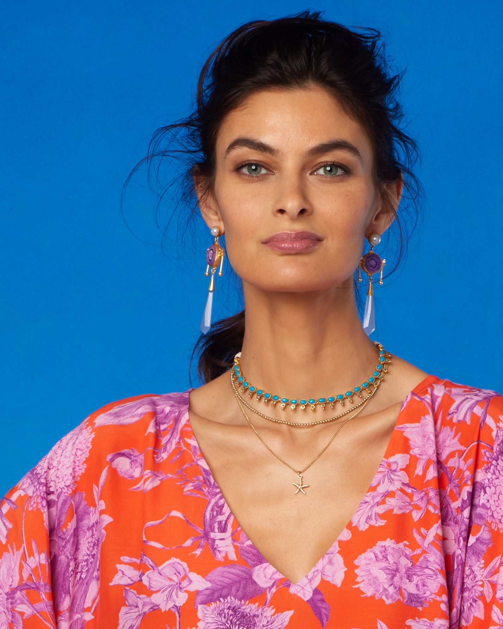 Zoe Starfish Charm Pendant Necklace-Worn with Camille Kaftan