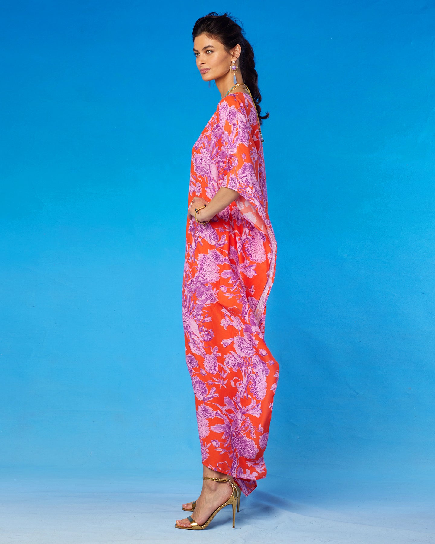 Camille Kaftan in Orange and Purple Floral Toile-Side View