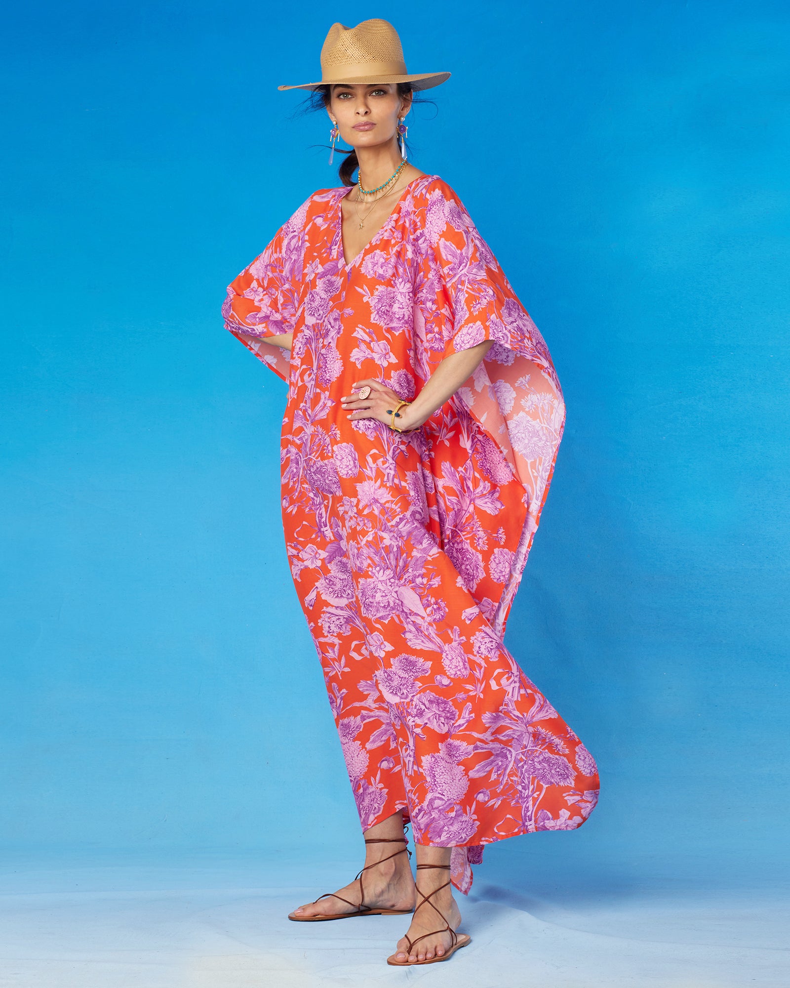 Camille Kaftan in Orange and Purple Floral Toile-Front View