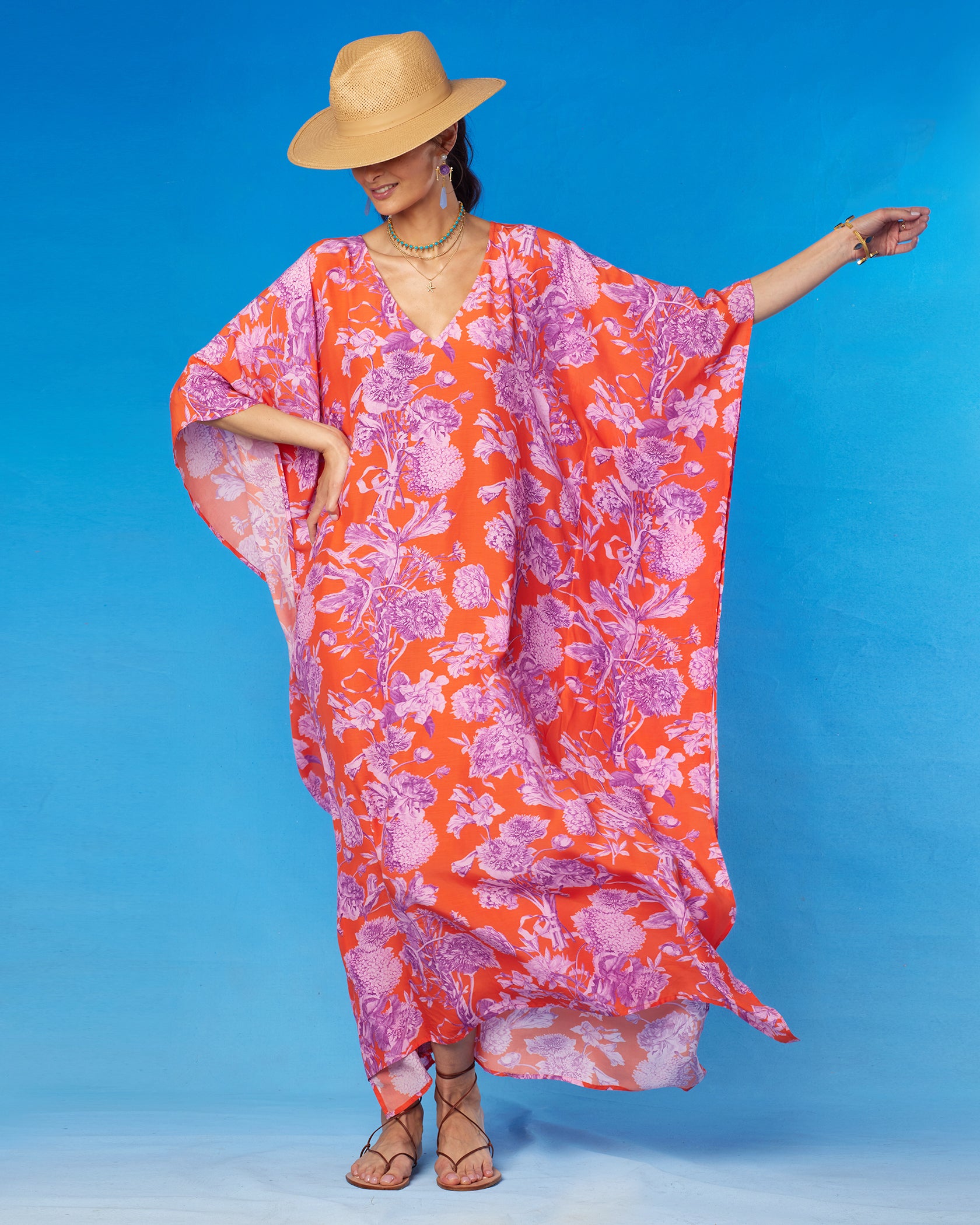 Camille Kaftan in Orange and Purple Floral Toile-Alternate Front View