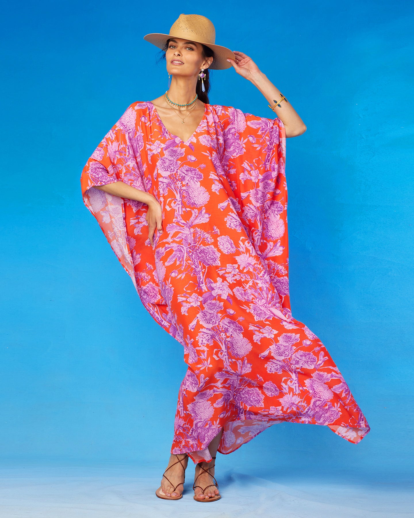 Camille Kaftan in Orange and Purple Floral Toile-Front View Blowing in the Wind
