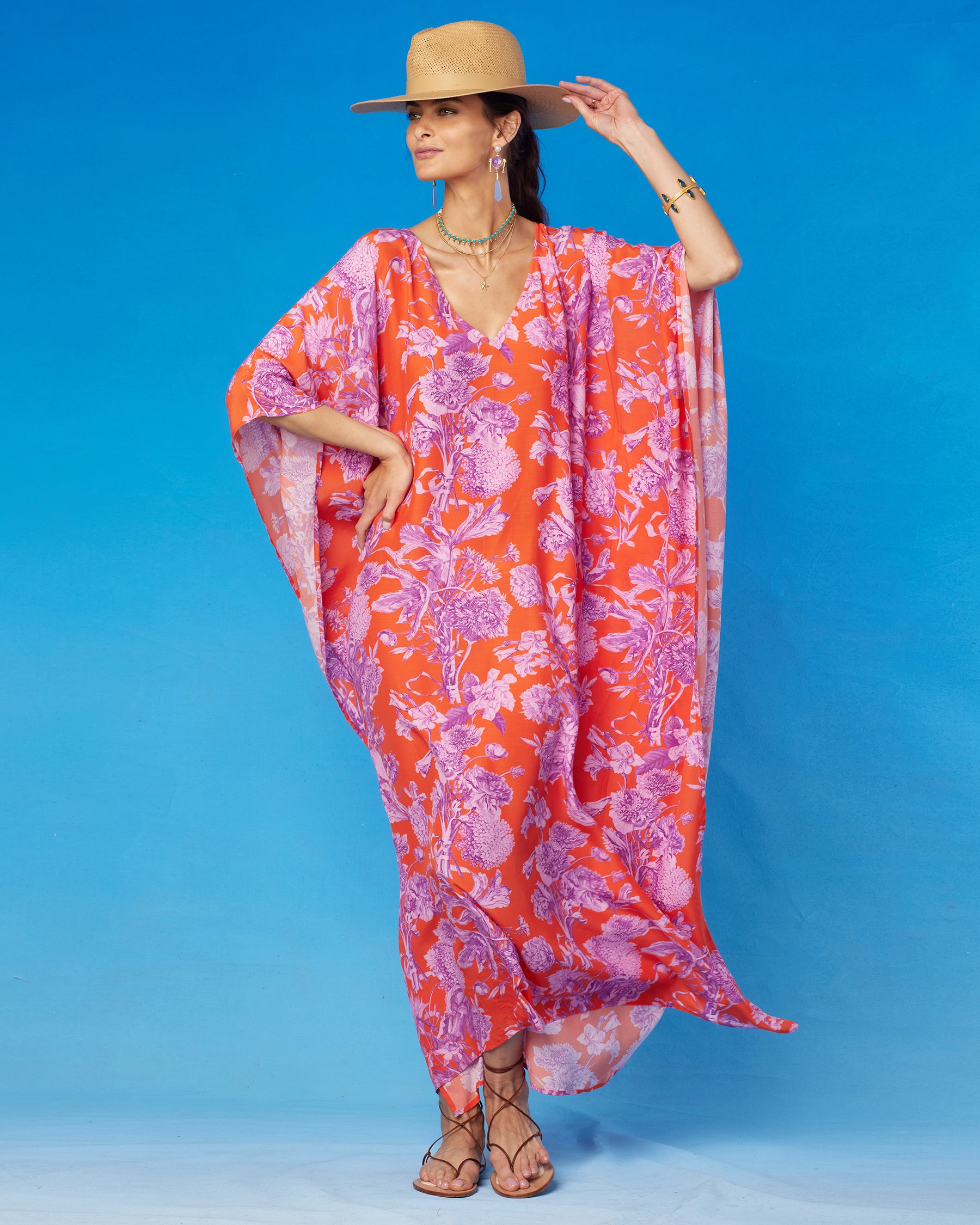 Camille Kaftan in Orange and Purple Floral Toile