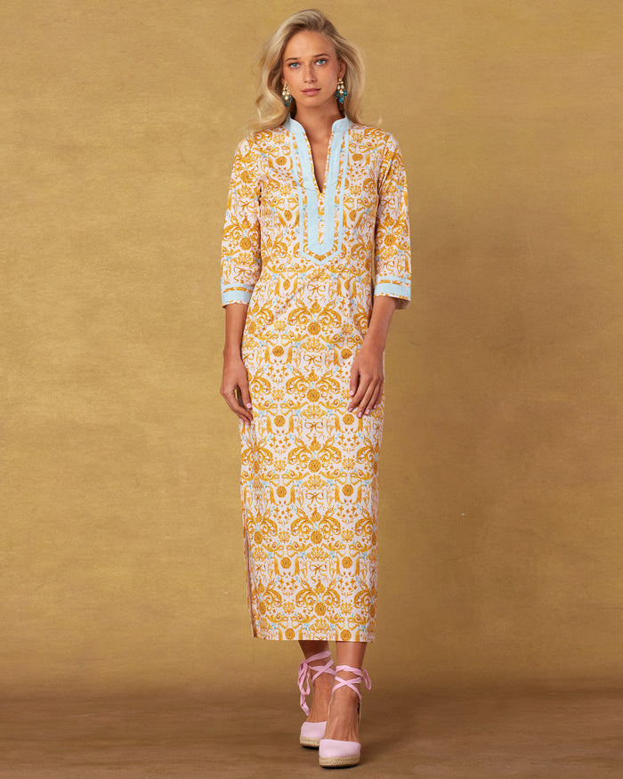 NicoBlu® Capri Long Tunic Dress in Blush Pink French Regency Ribbon Print